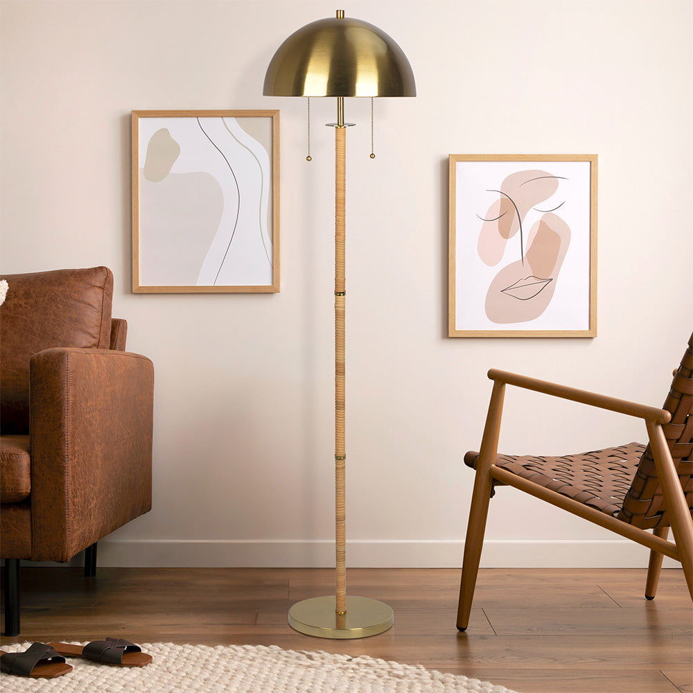 Allure - 2 Light Floor Lamp, Gold, Natural Tube, Double On / Off Pull Chain - Gold / Rattan