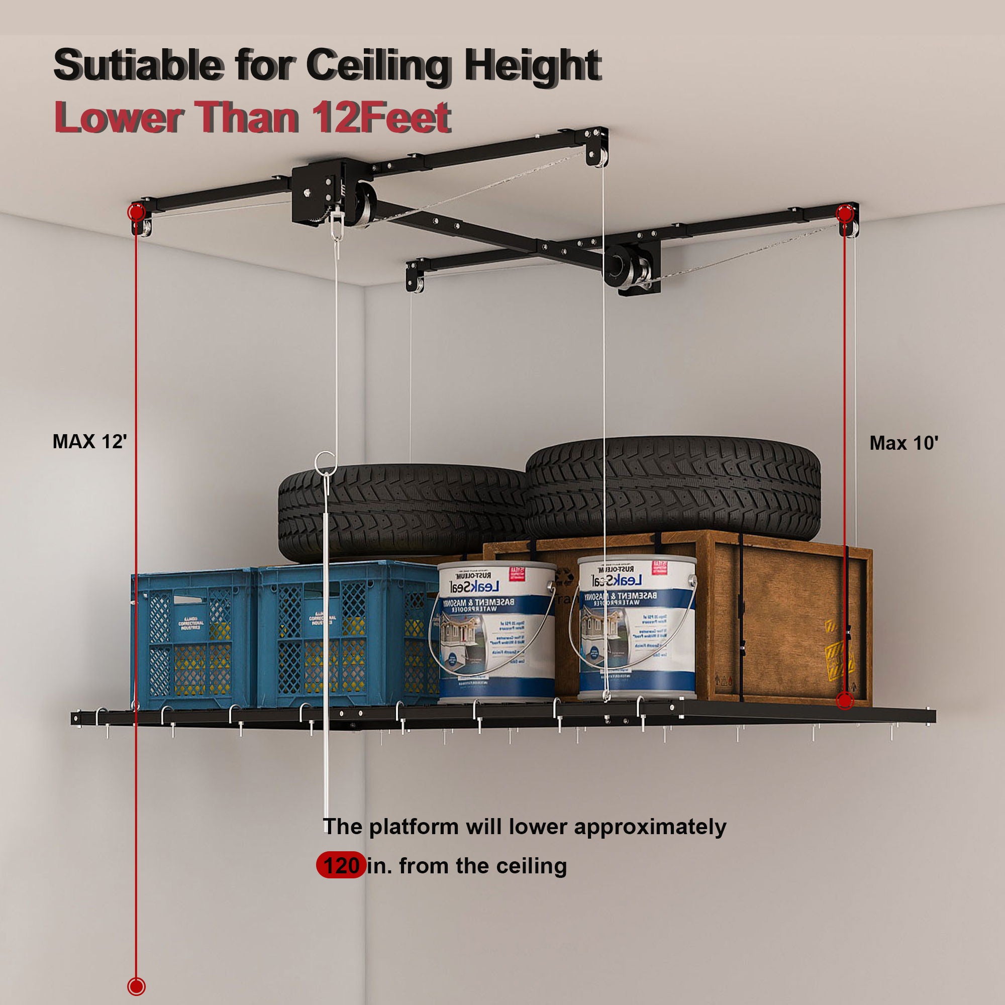 Overhead Garage Storage Rack 4 X 4 Ft For High Ceilings, With Safety Lock - Black