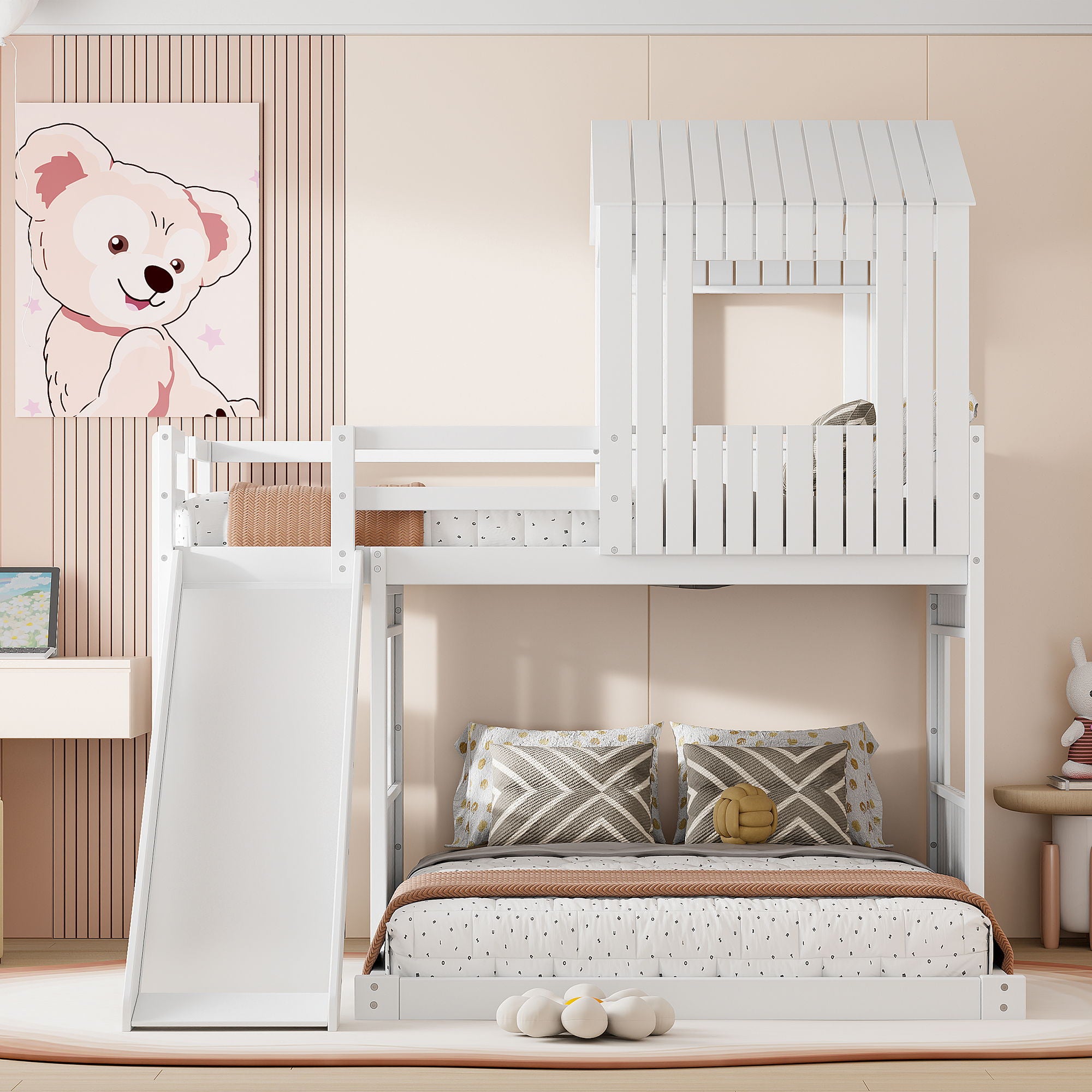 Loft Bunk Bed With Playhouse, Farmhouse, Ladder, Slide And Guardrails