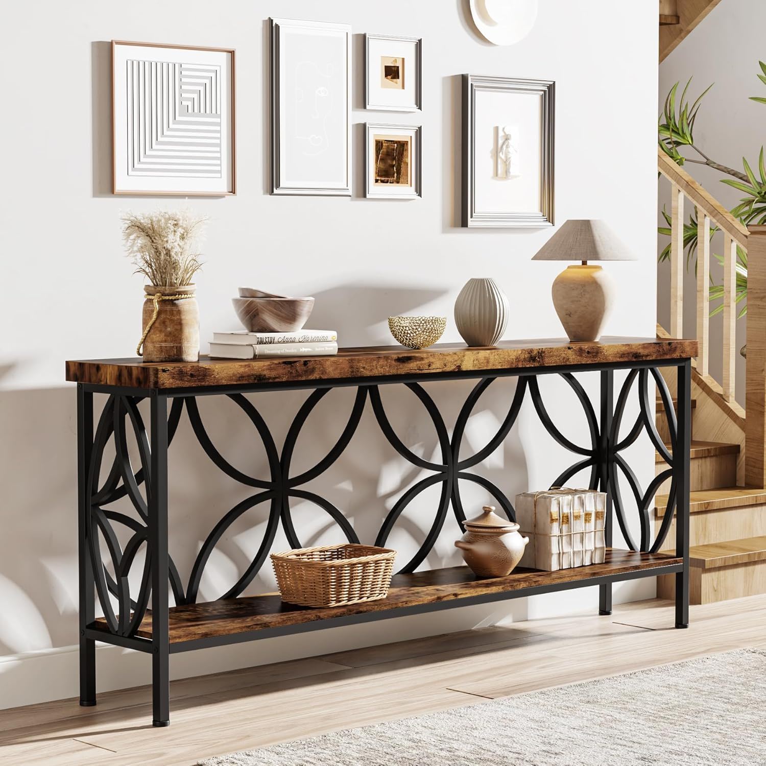 Extra Long Console Table With Open Storage Shelves