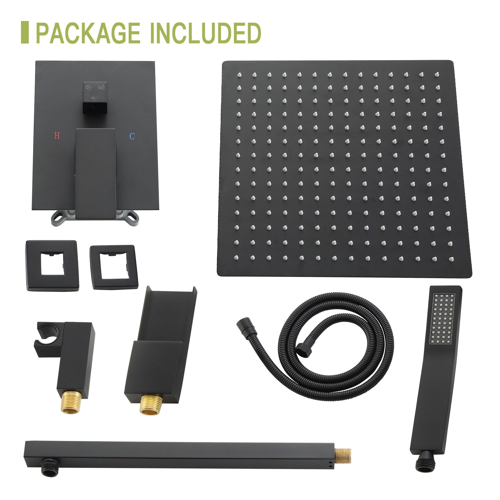 Wall Mounted Square Shower System With Waterfall Tub Spout, 12" Rainfall Shower Head And Handheld Shower - Matte Black