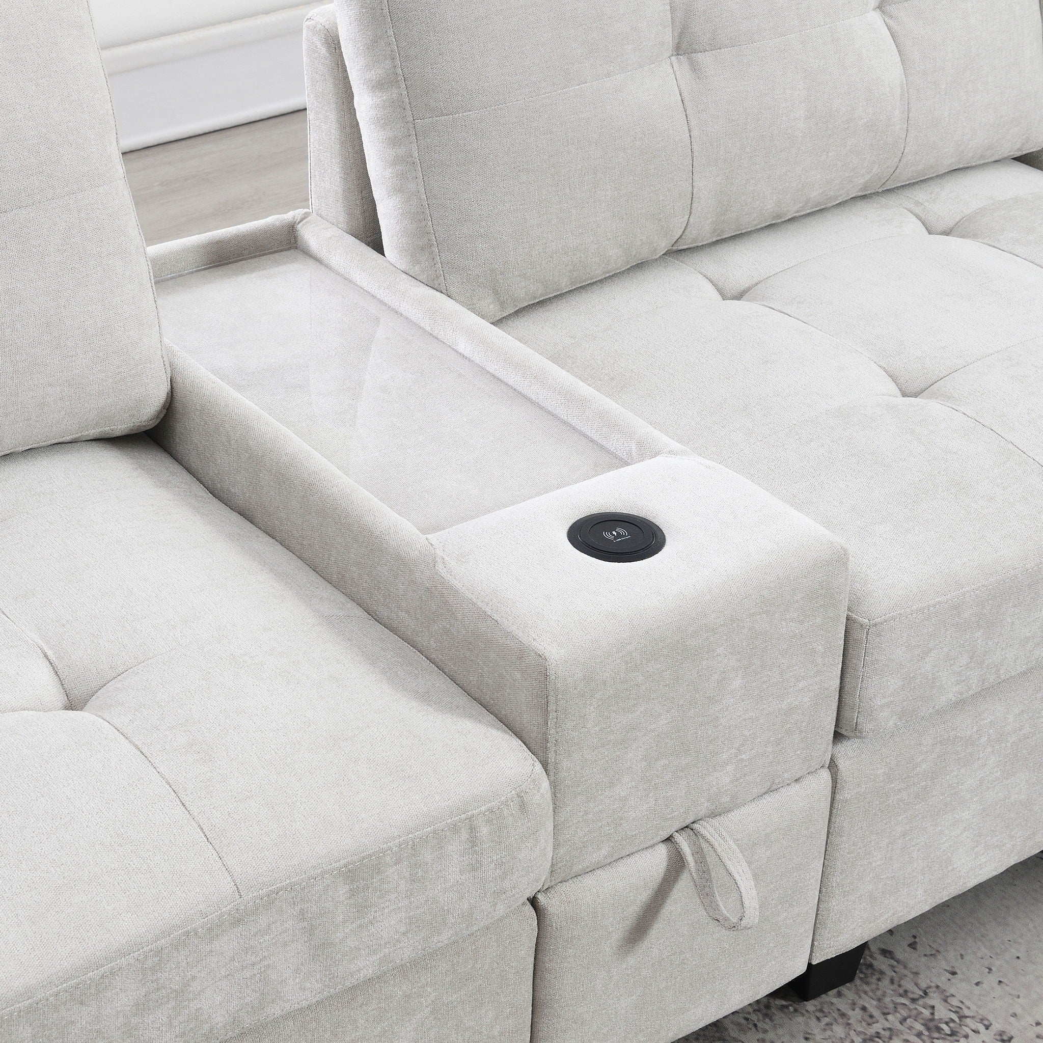 Sectional With Acrylic Table Top U Shaped Couch Set With 2 Consoles USB Charger, Storage Drawers And Pockets Movable Ottoman Tufted Sofa