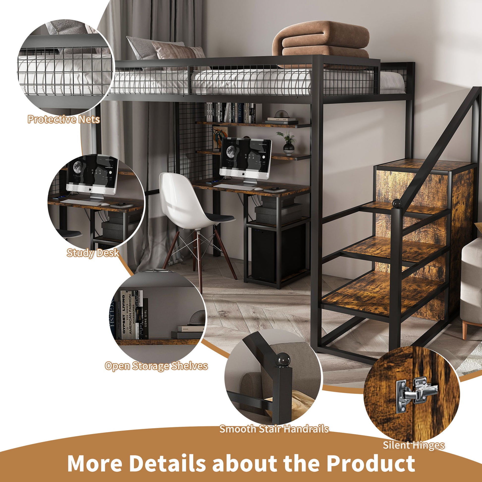 Full Size Loft Bed With Desk & Wardrobe Heavy Frame, Built In Staircase, Storage Rack & Shelves Gaming Bed - Black - Best Buy Furniture