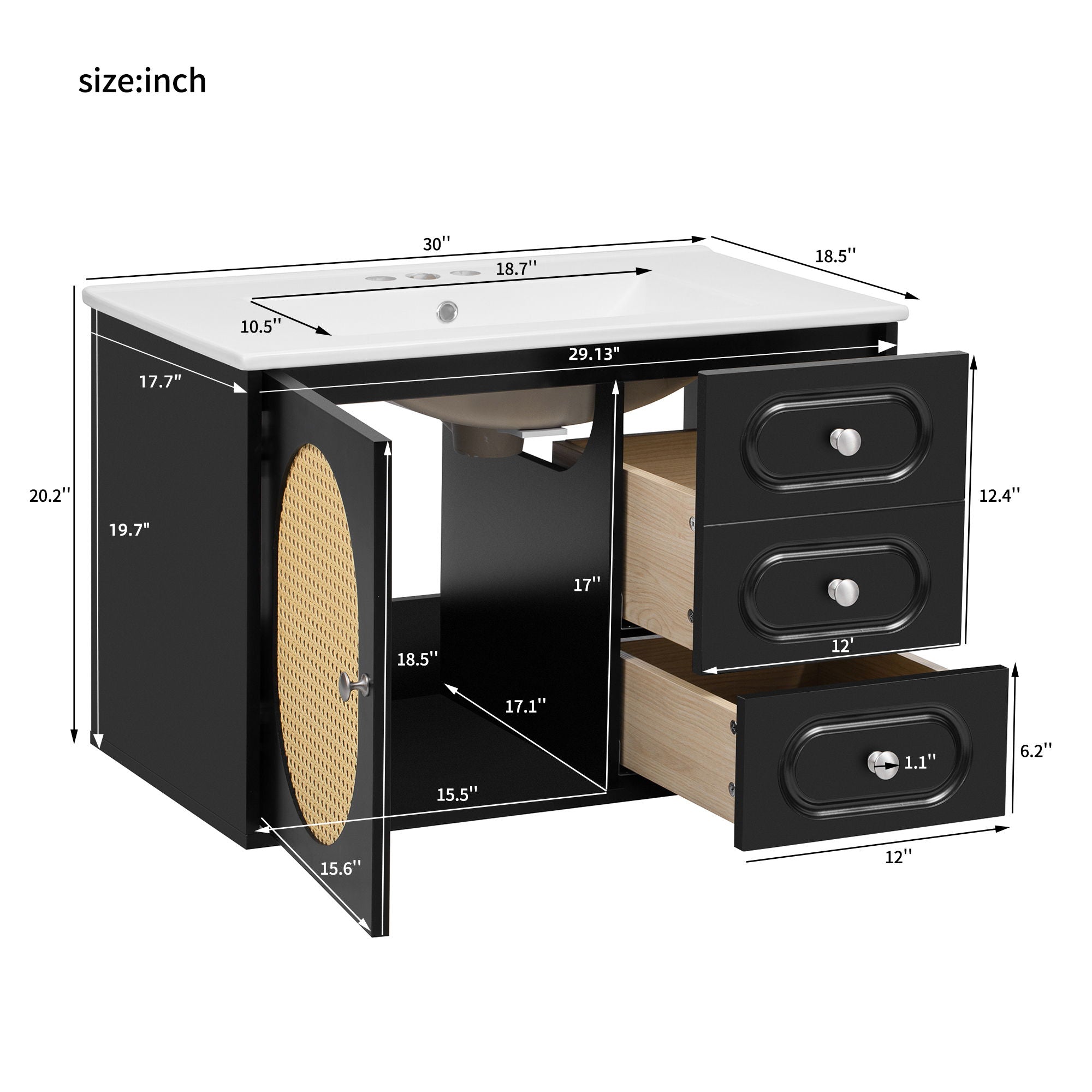 Bathroom Vanity Cabinet With Sink, 2 Drawers - Black