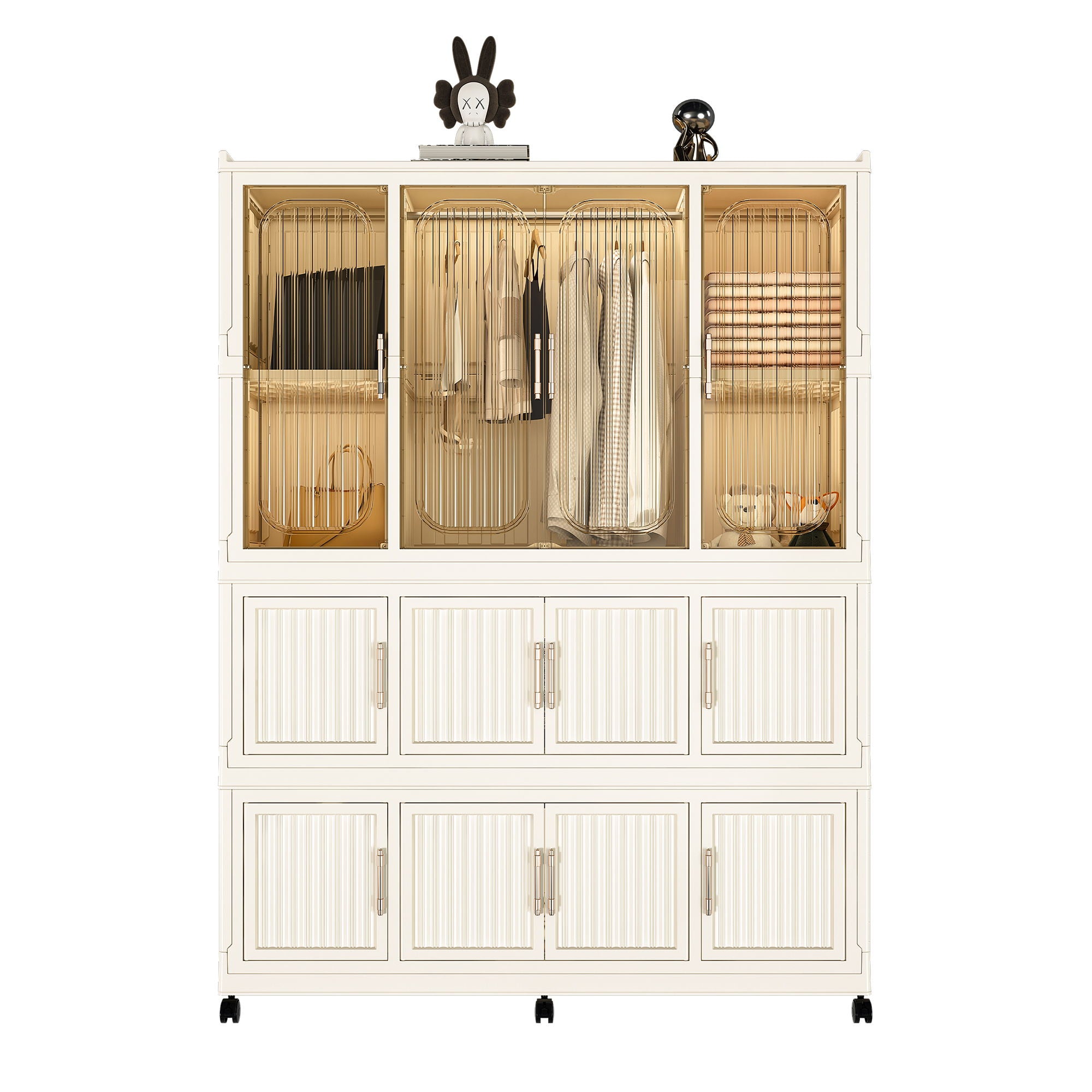 Portable Wardrobe Closet Storage Organizer With 12 Magnetic Doors, 12 Cubes, Hanging Rod & 6 Hangers - Creamy White