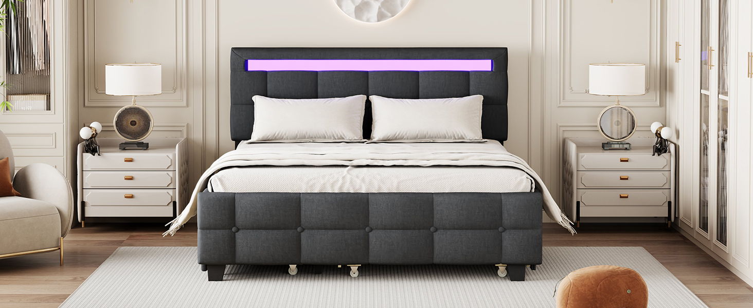 Upholstered Platform Bed With LED Frame, With Trundle And 2 Drawers