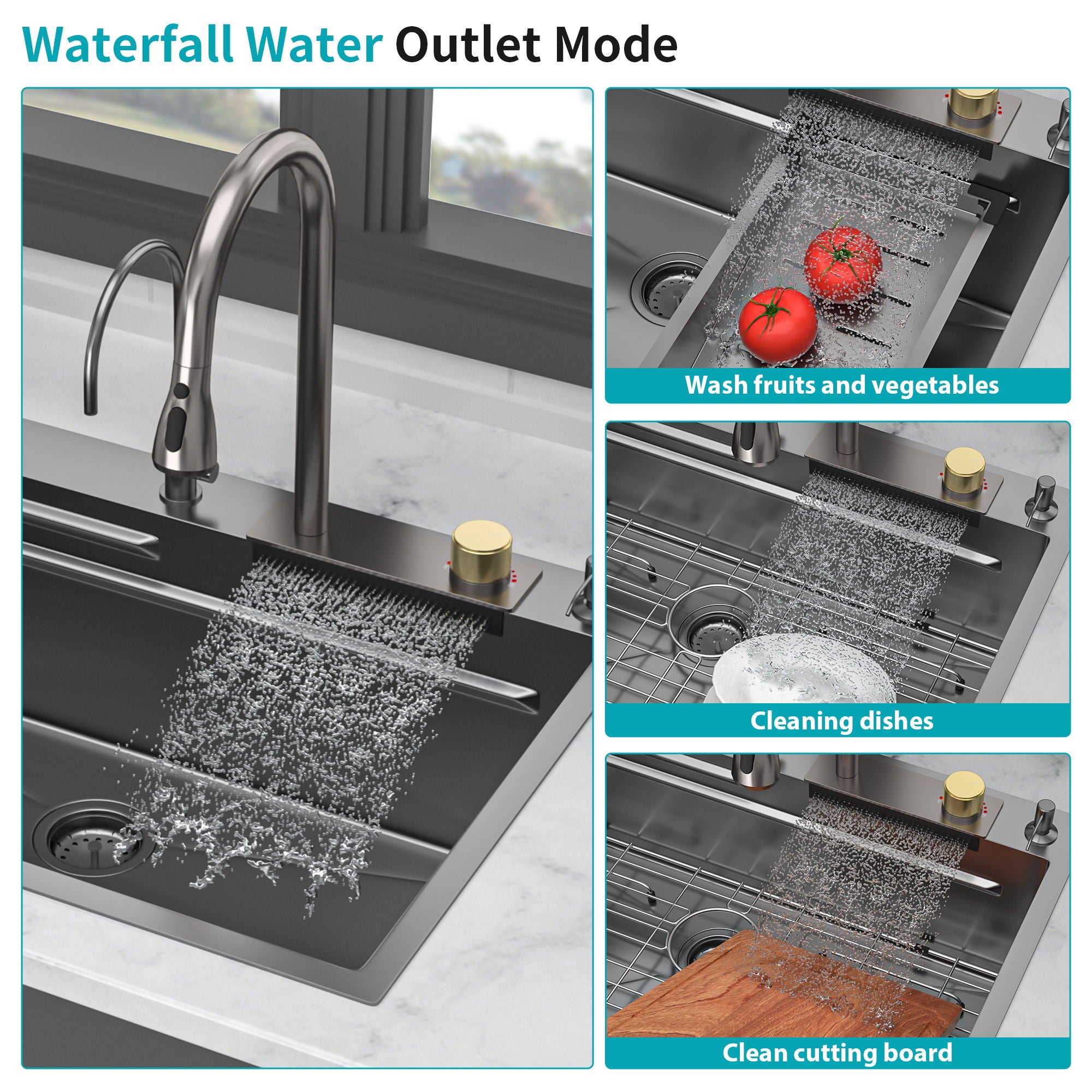 Waterfall Kitchen Sink With Pull Out Faucet & Cup Washer