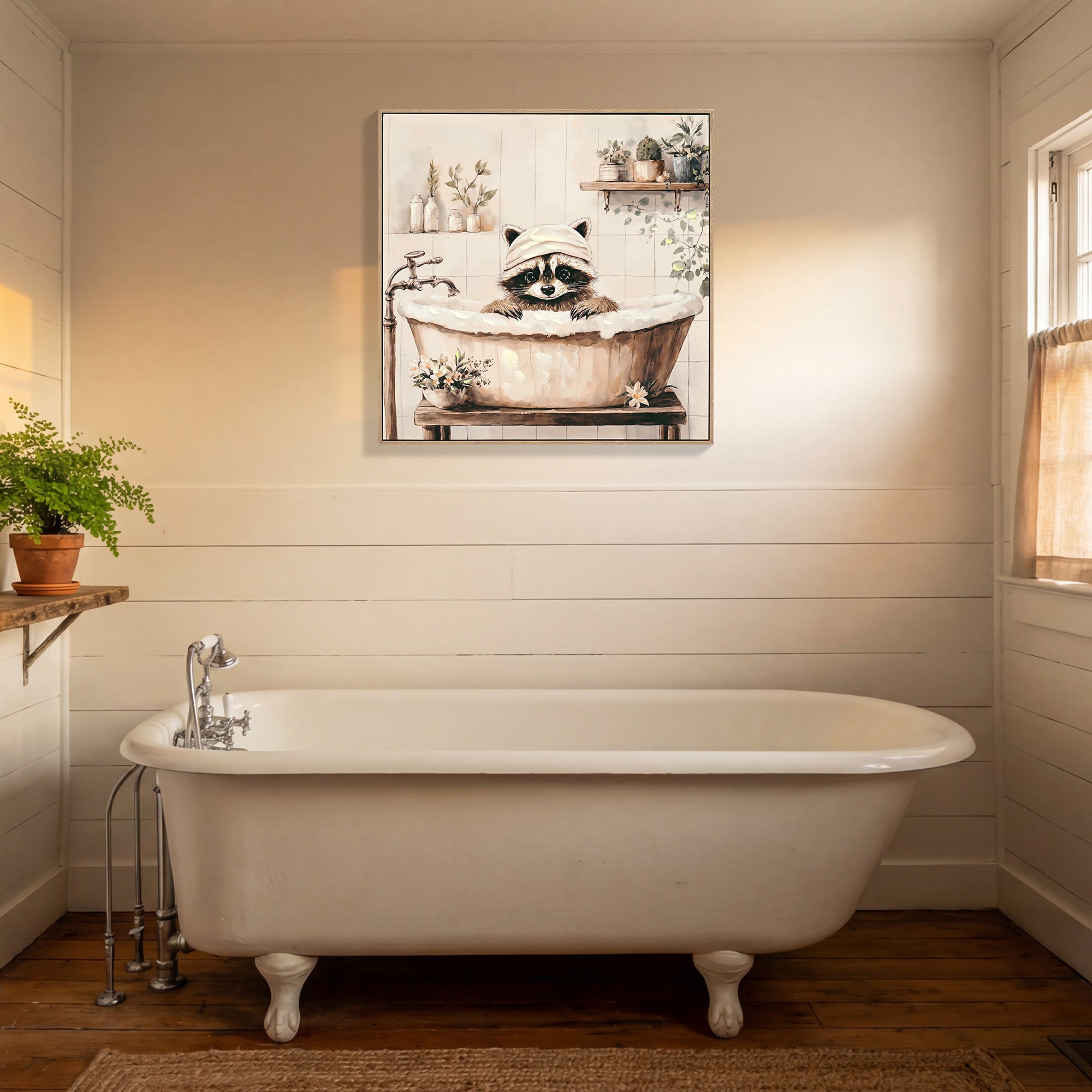 Raccoon Bathroom Canvas Wall Art Raccoon in Bathtub Painting Funny Animal Bathroom Wall Art Black and White Animal Bathtub Pictures for Bath Restroom Wall Decor Framed 24x24 inch