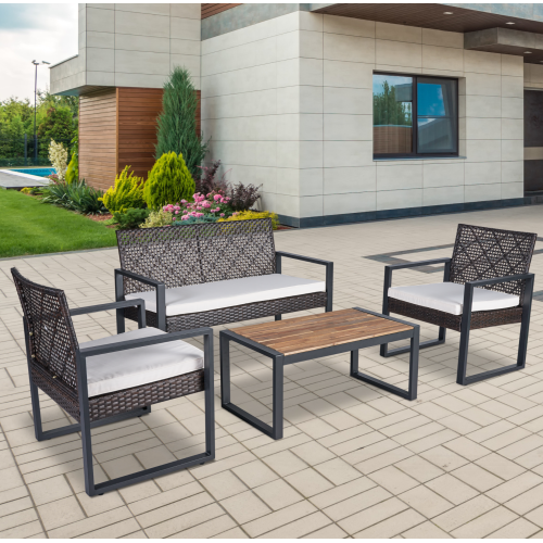 Lume Outdoor Acacia 4-Piece Wicker Sofa Set with Table Brown