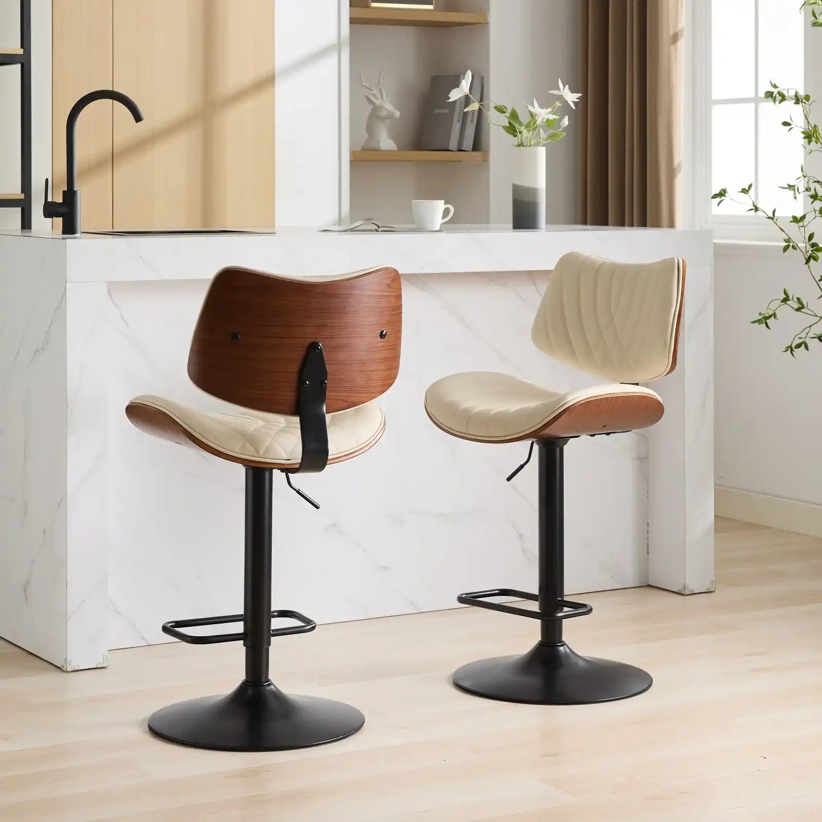Modo Walnut Bentwood Bar Stools Mid Century Modern Adjustable Height Set of 2