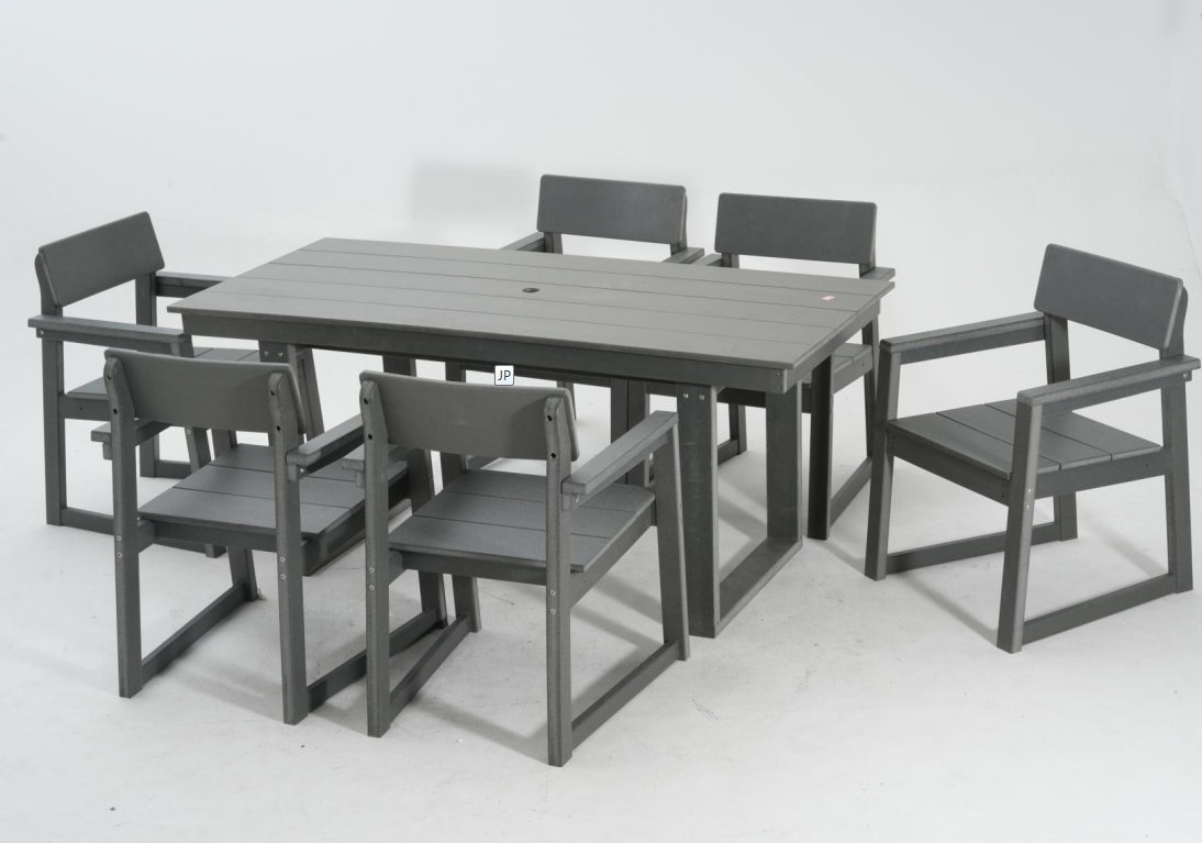 7-Piece HDPE Outdoor Dining Set for 6 – Weather-Resistant Patio Table with Umbrella Hole (Grey)