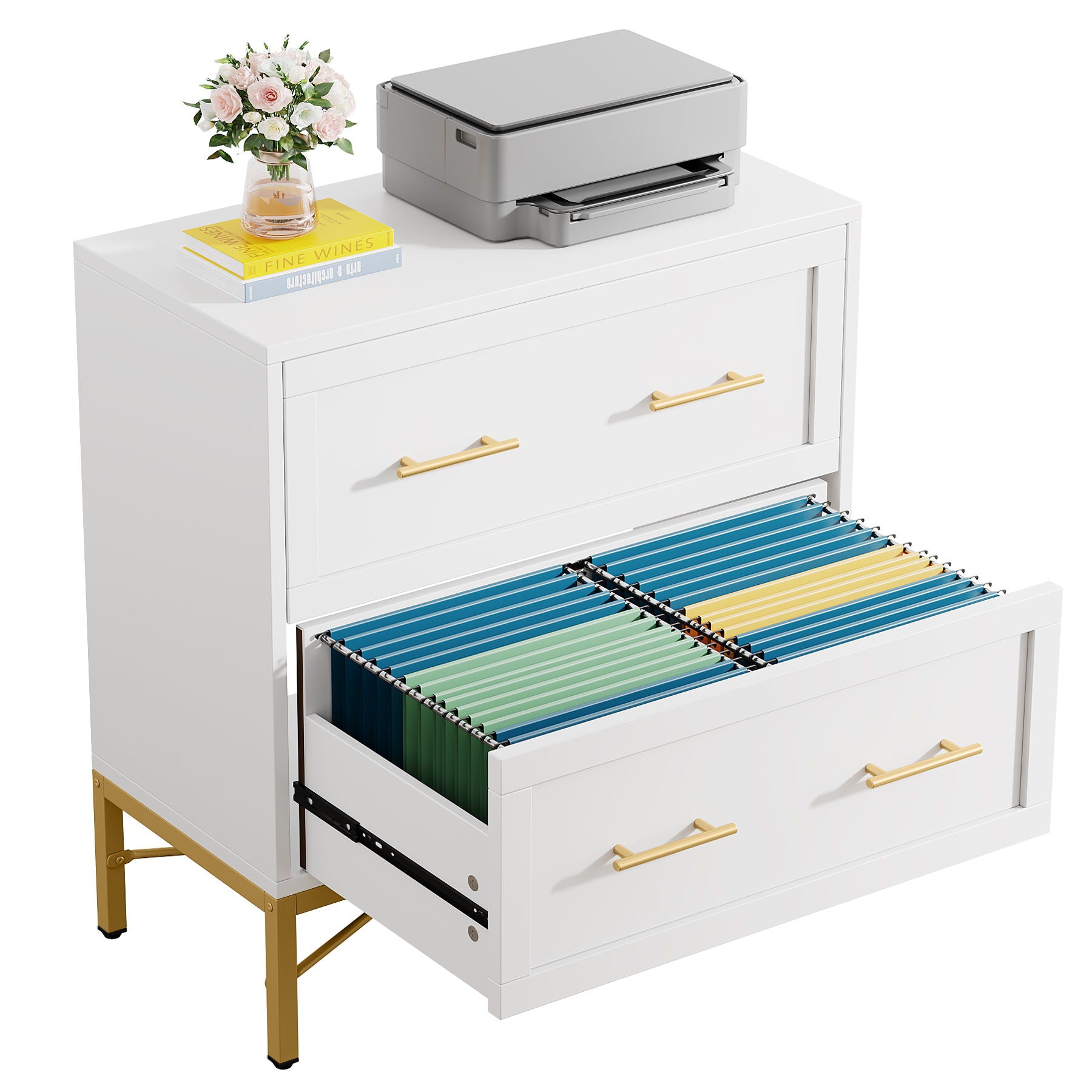 2 Drawer Lateral File Cabinet With Anti Tilt Safety, Filing Storage For Letter / Legal / A4 Files - White
