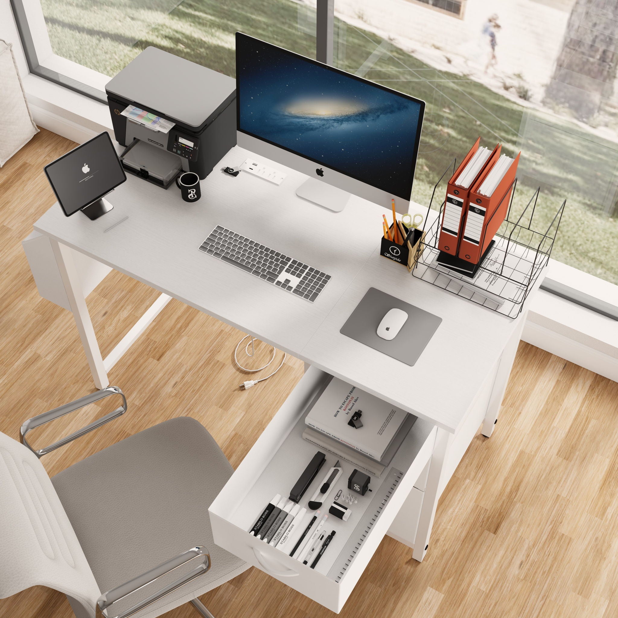 Office Desk With Power Outlet, 3 Drawers And Side Pocket For Office - White