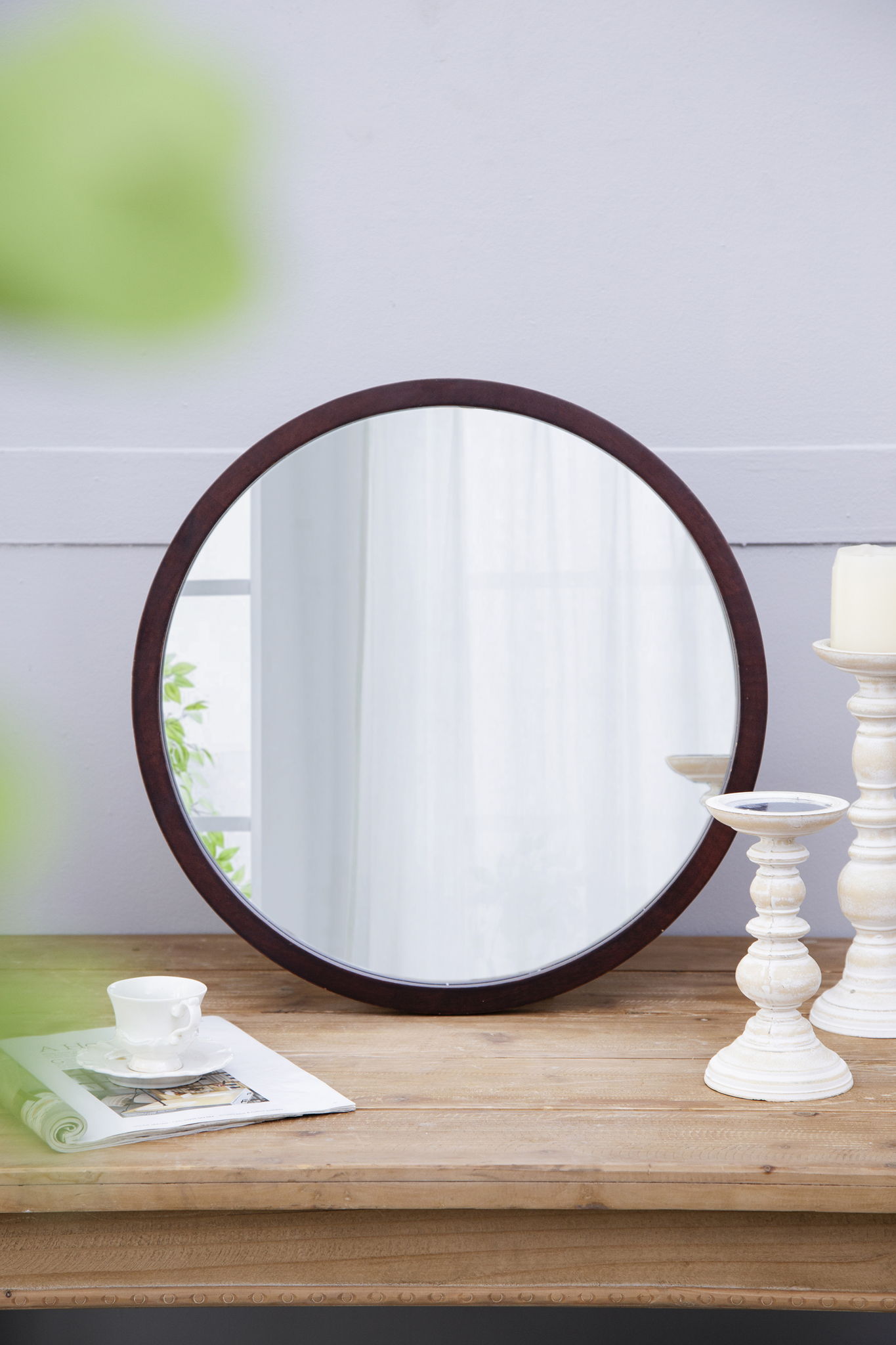 Circle Wall Mirror With Wooden Frame, Wall Mirror For Living Room