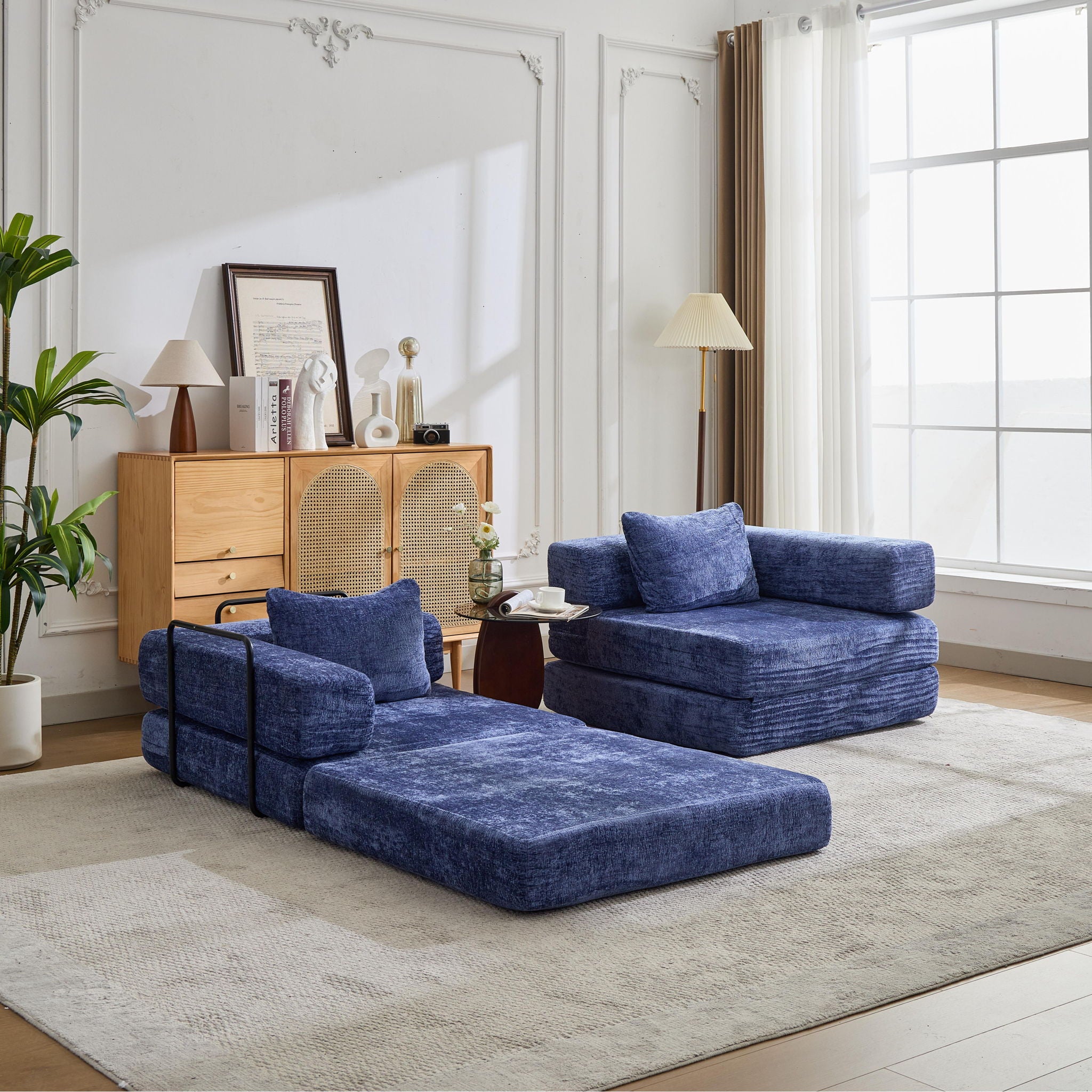 Convertible Floor Sofa Bed With Fixed Shape Frame, Loveseats Boneless Modular Sectional, For Living Room - Dark Blue