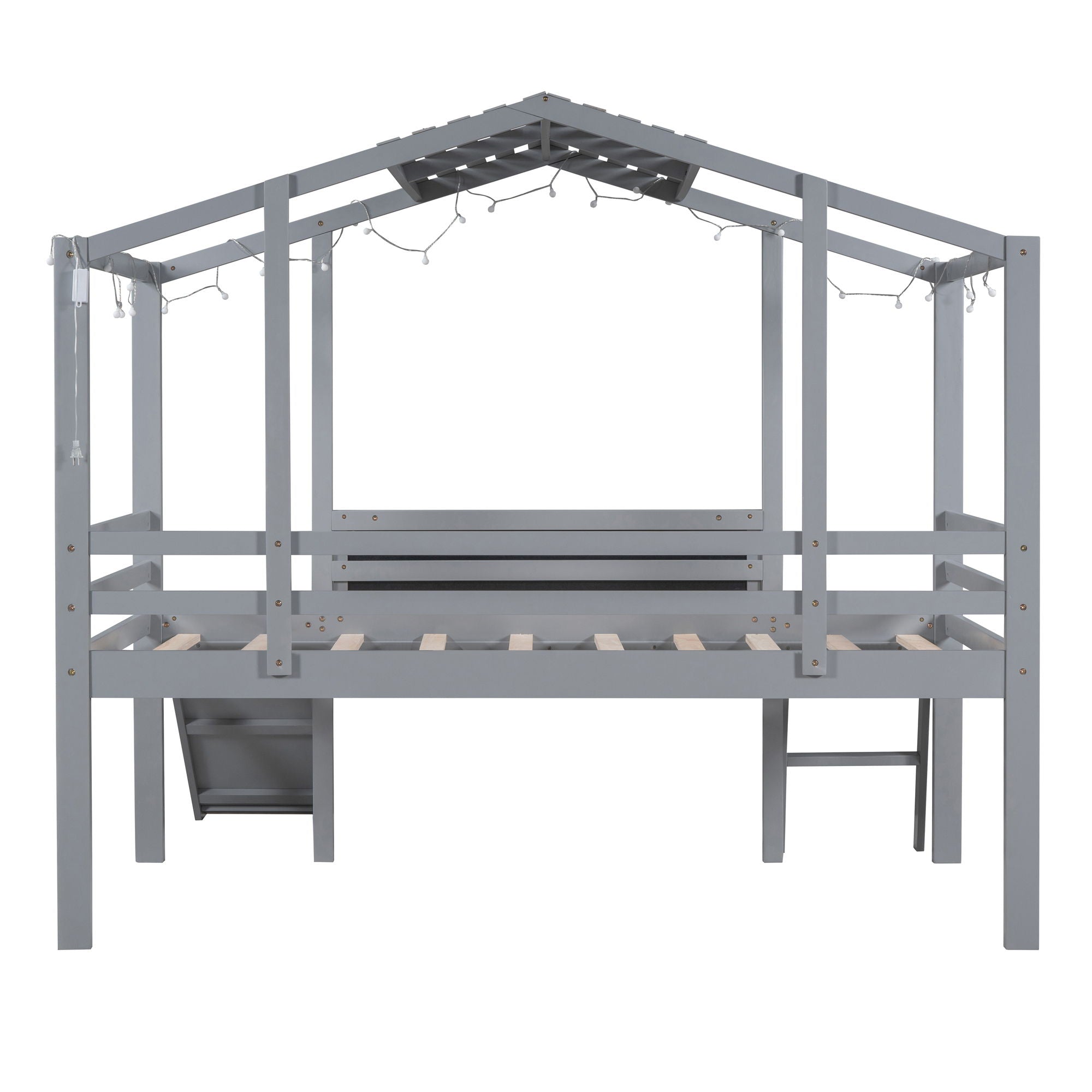 Loft House Bed With Ladder And Slide, With Blackboard And Light Strip On The Roof