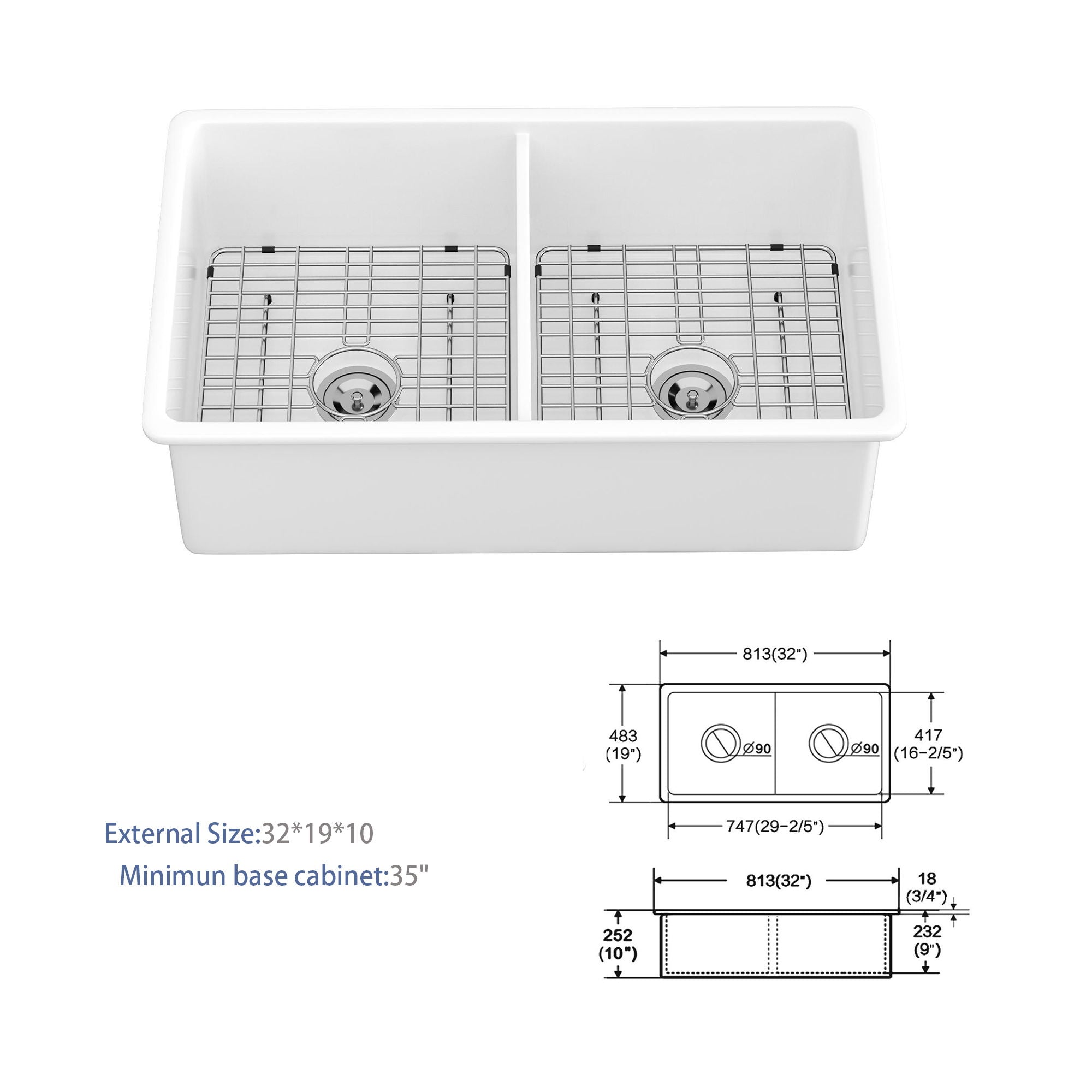 Elegant Dual Mount 32" Undermount Double Bowl Ceramic Kitchen Sink - White