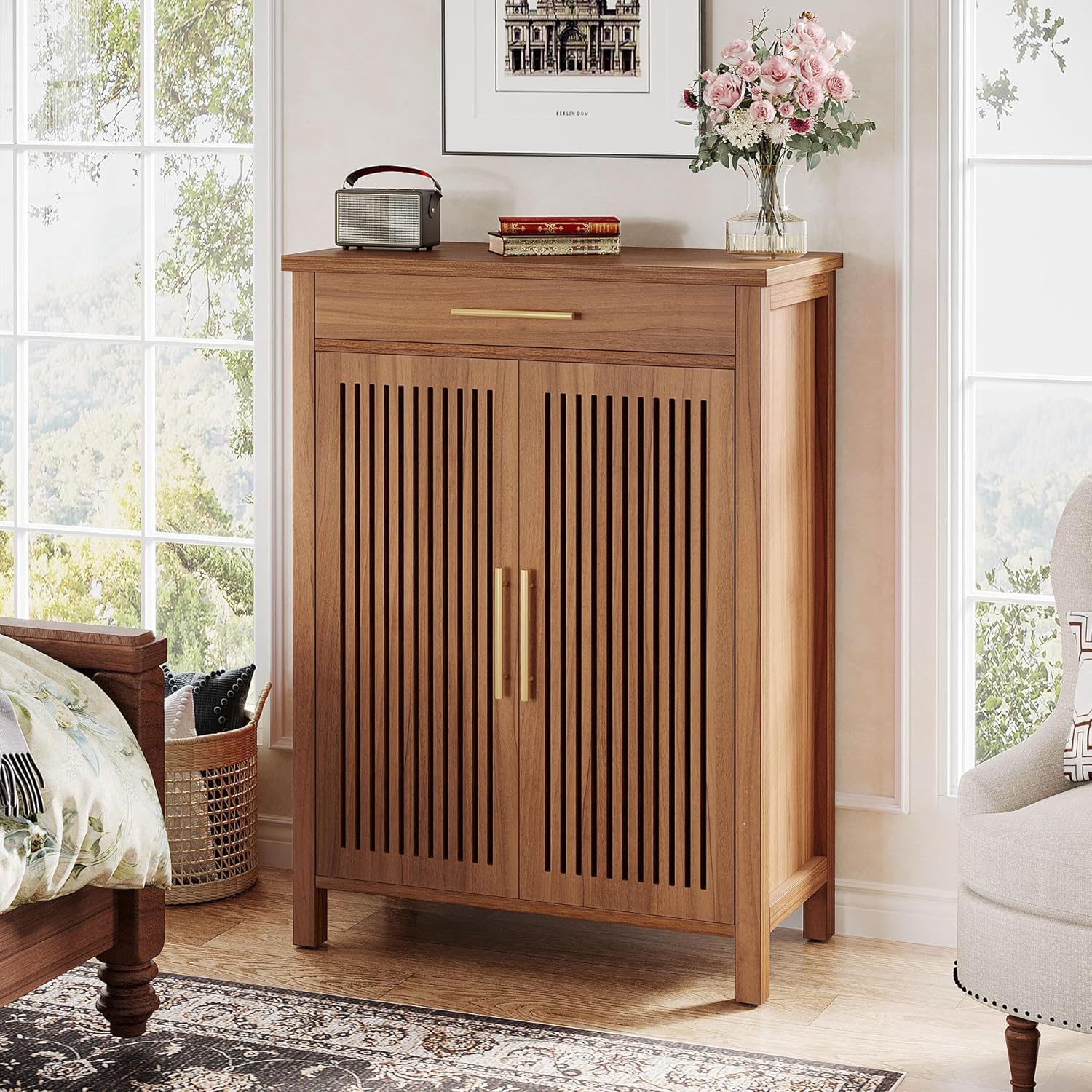 5 Tier Shoe Cabinet With Louvered Doors And Drawer, Freestanding Organizer With Adjustable Shelves For Entryway - Brown