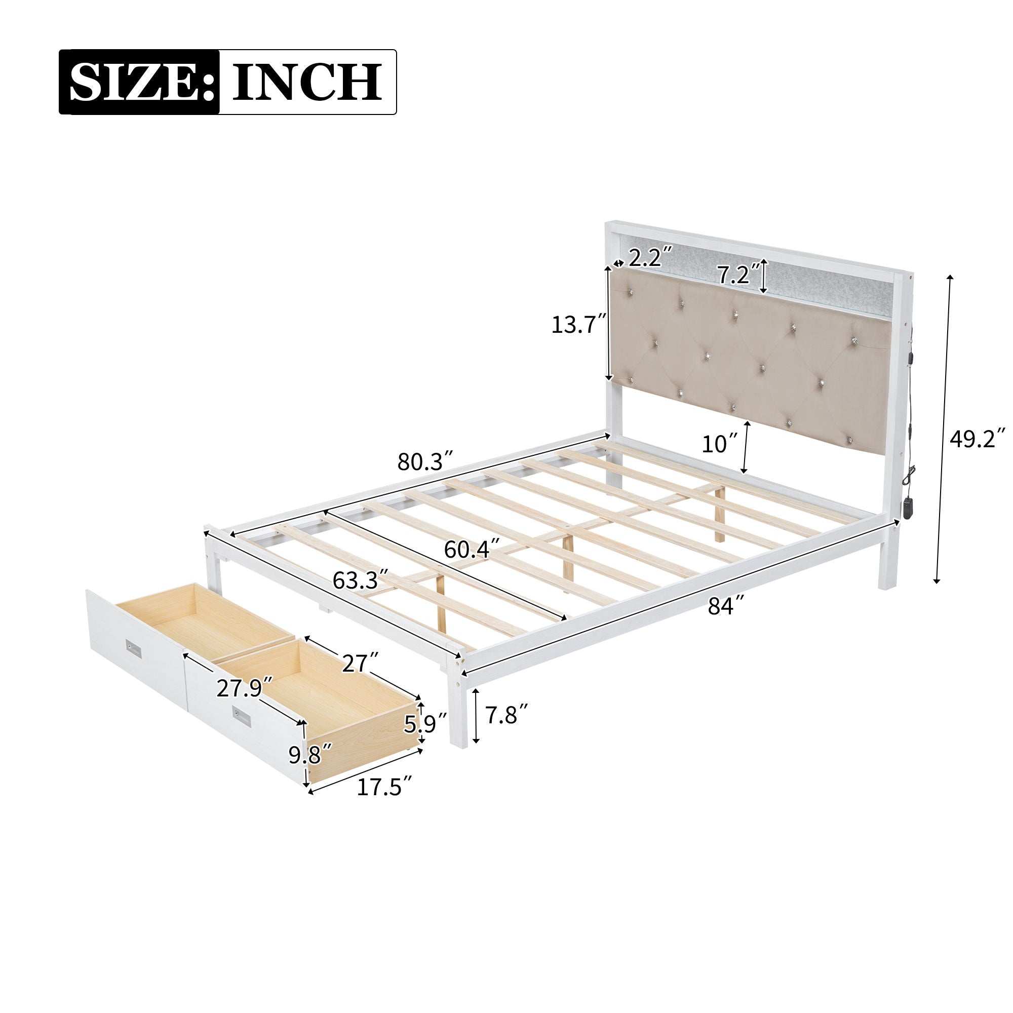 Elegant Wood Queen Size Platform Bed With Upholstered Headboard Led And Storage Drawers In Antique - Antique White