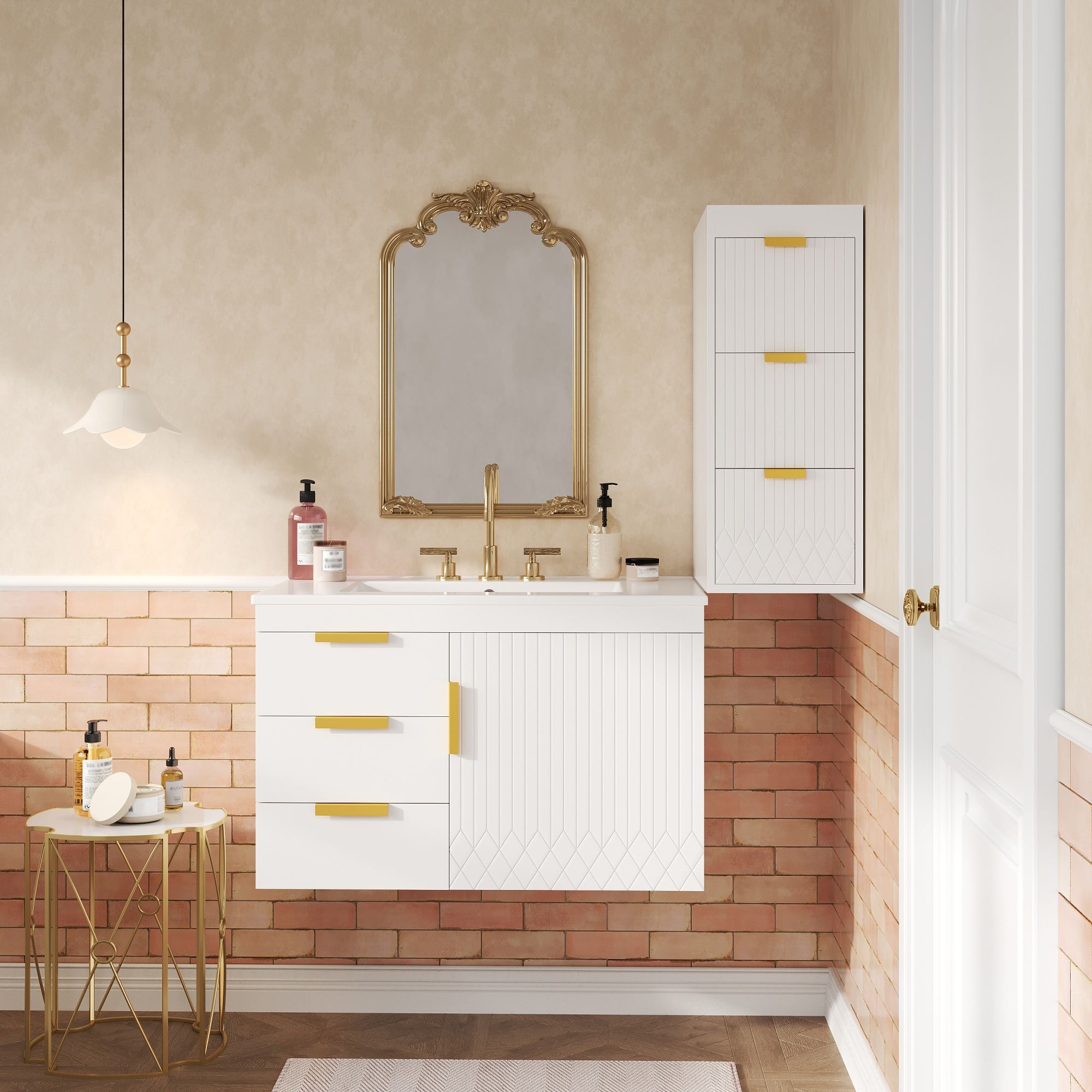 Wall Mounted Bathroom Cabinet With Side Cabinet Combo With Soft-Closing Doors And Drawers, Ceramic Sink