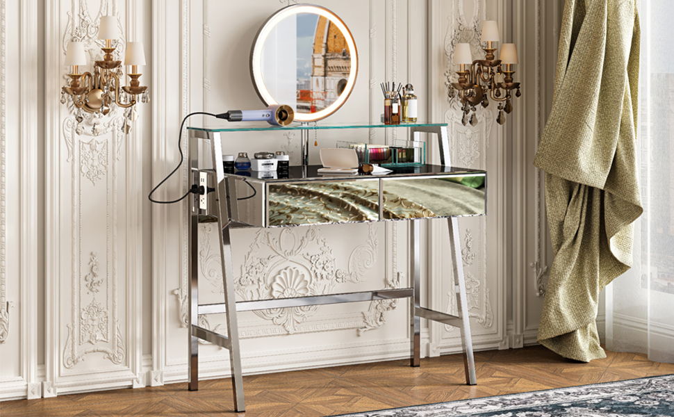 33.9" Mirrored Makeup Vanity Desk With Mirror And Lights, Mirrored Console Vanity Table With 2 Big Drawers & Open Shelf, Dressing Table With Charging Station For Bedroom - Silver - Best Buy Furniture
