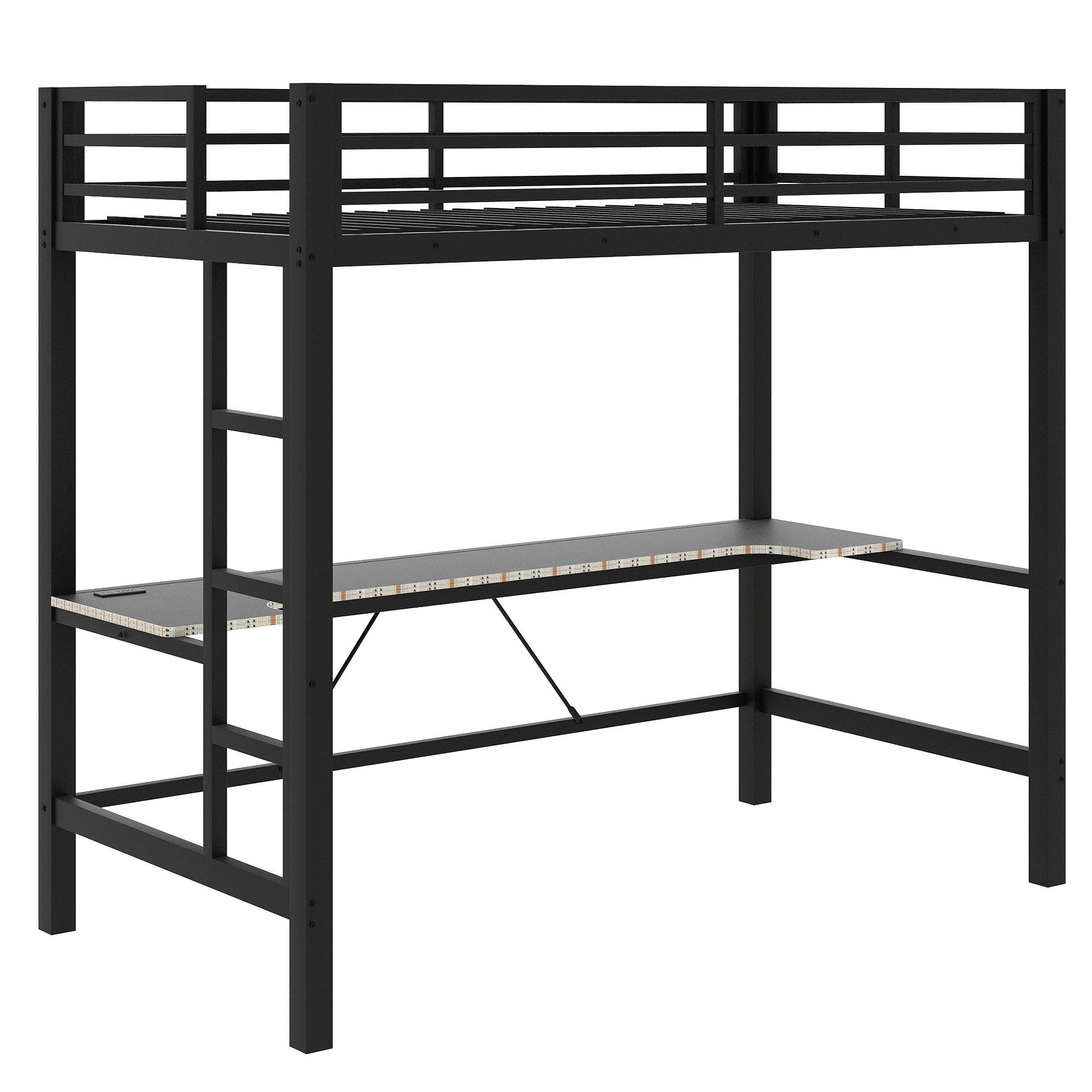Gaming Metal Loft Bed Frame With LED Light, USB Charge Station And Desk
