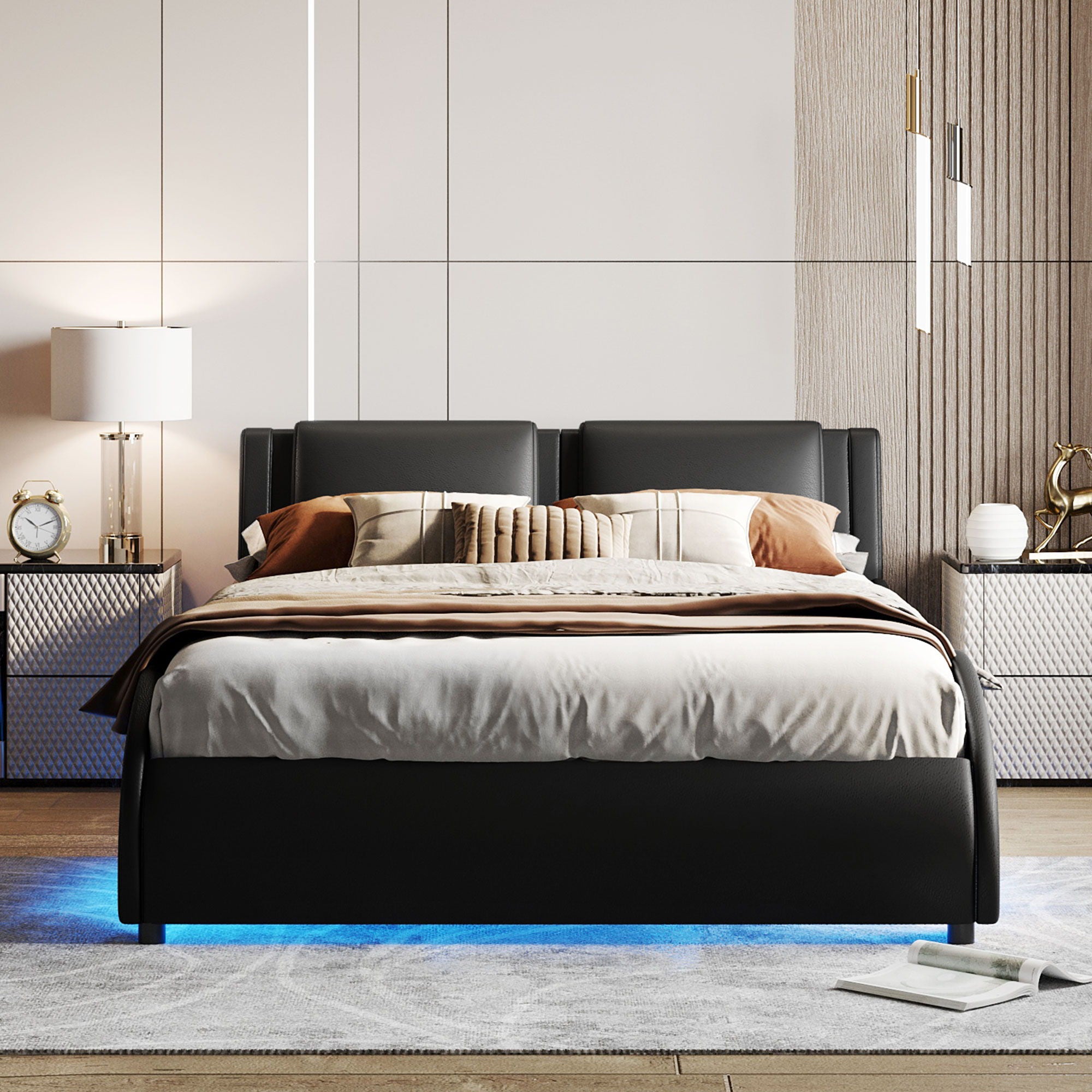 Upholstered Platform Bed With LED Light, Frame Slatted
