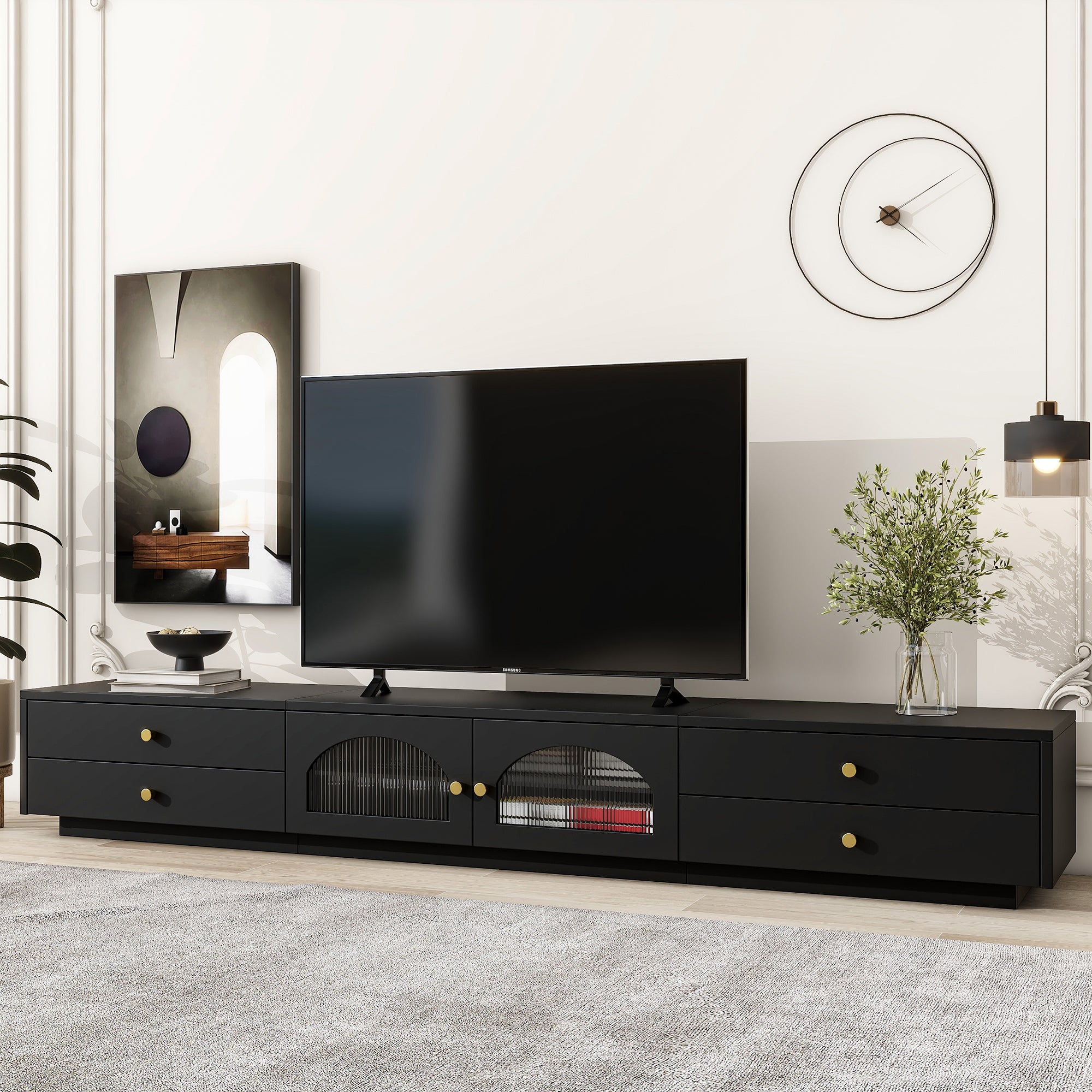 Pollie TV Stand with Fluted Glass Doors - Black