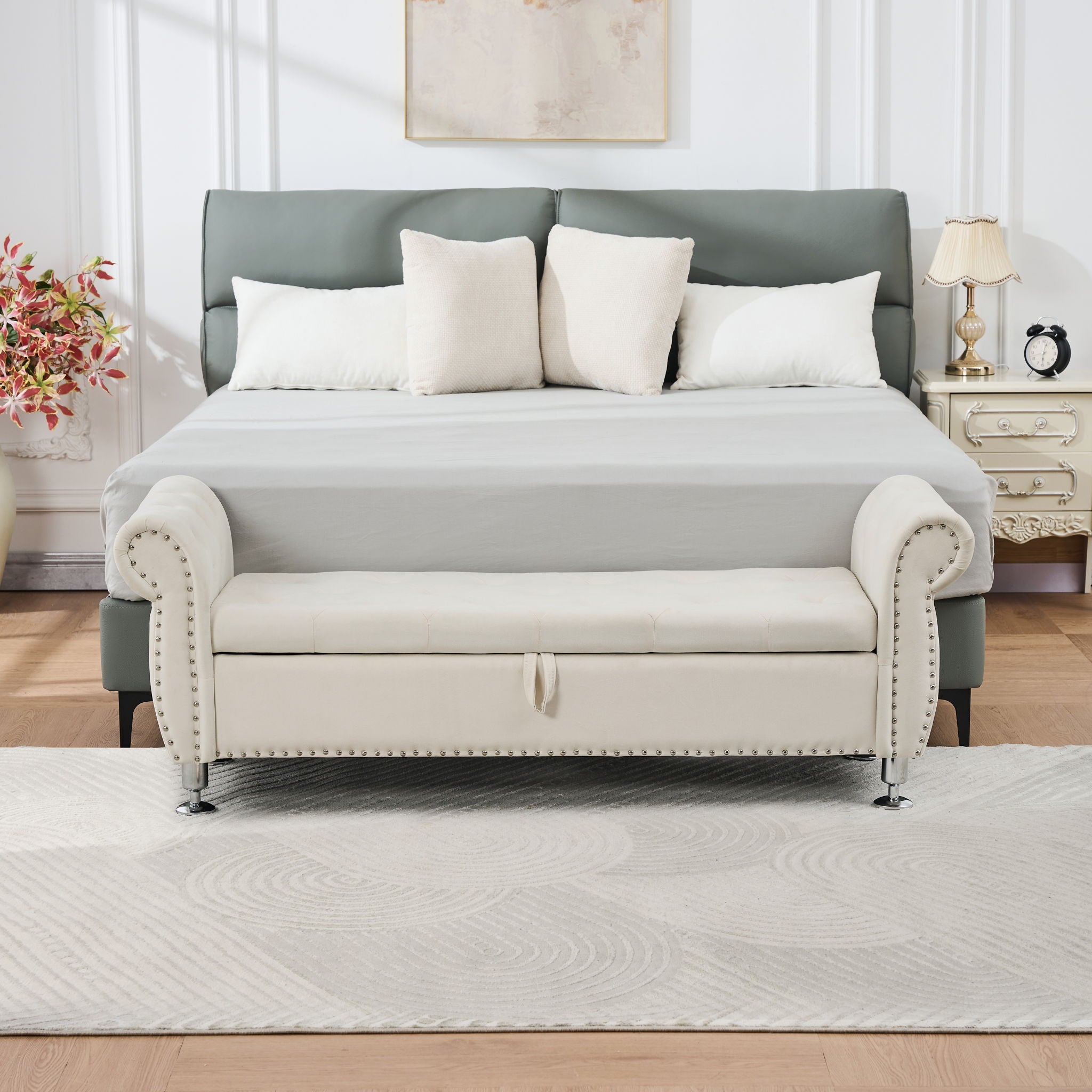 Storage Bench With Crystal Buttons And 1 Pillow For Bedroom