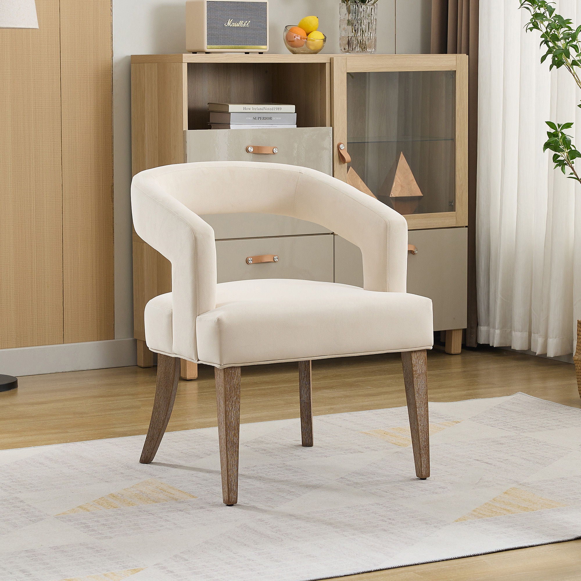 Wide Modern Barrel Open Back Upholstered Accent Chair With Weathered Solid Wood Legs