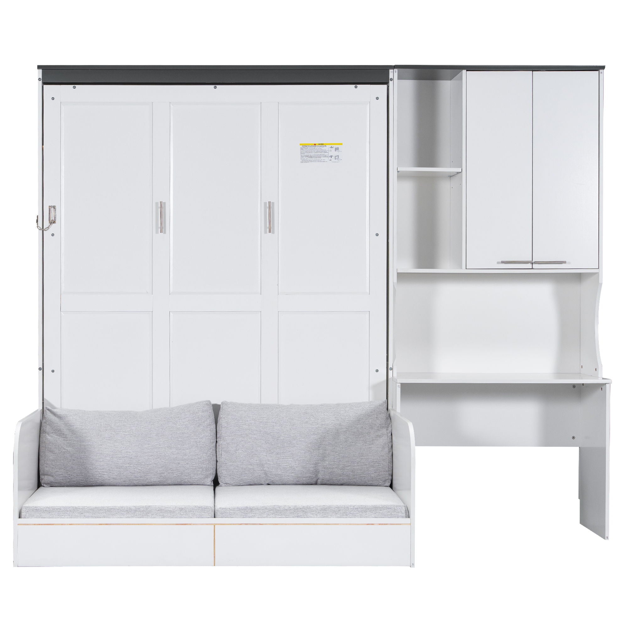 Multi Functional Murphy Bed With Sofa, Desk, And Storage Cabinet, Queen Size - White