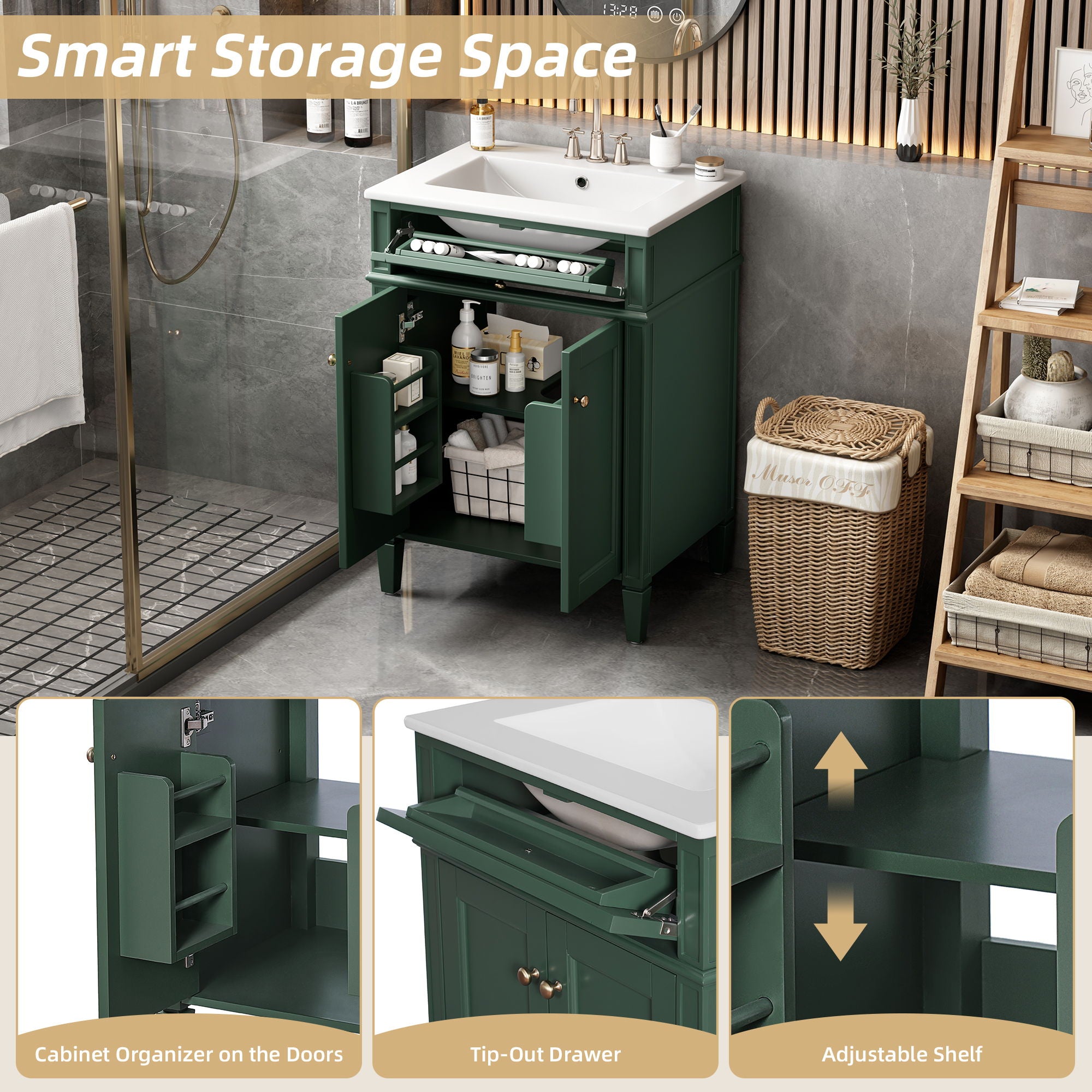 Bathroom Vanity With 2 Doors And Tip Out Drawer, Soft Closing Hinges