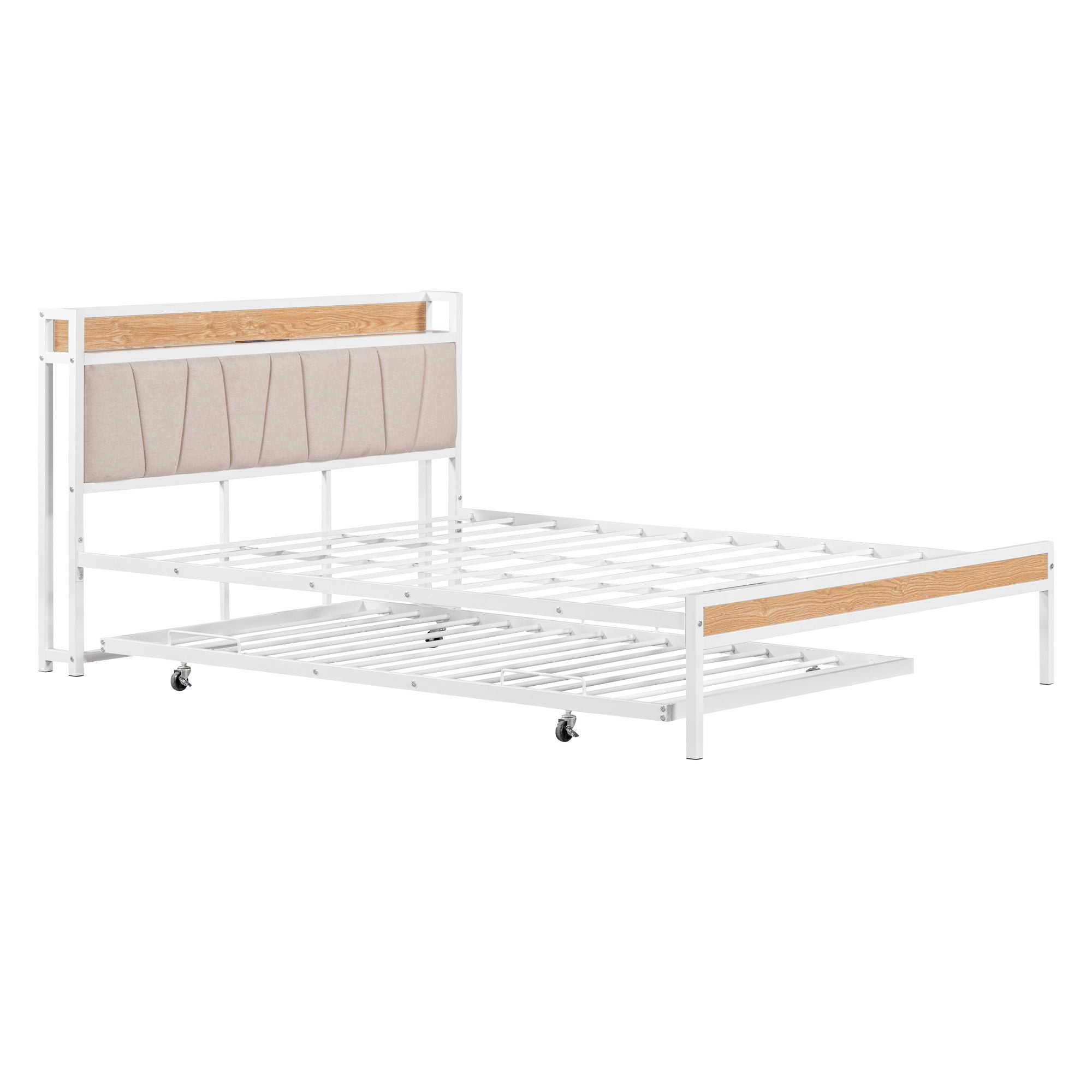 Platform Bed Frame With Trundle, USB Ports And Slat Support, No Box Spring Needed