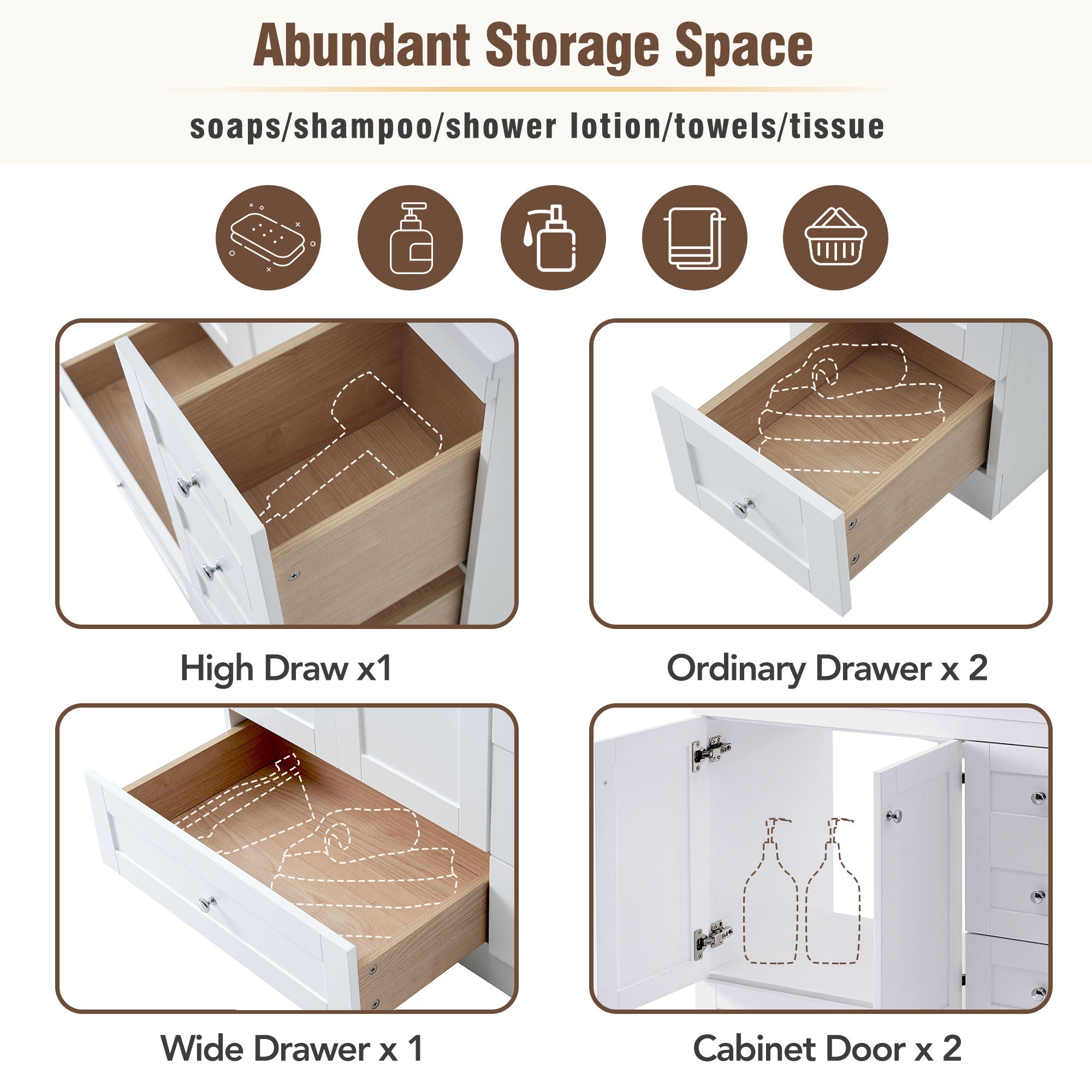 Shaker Free Standing Bathroom Vanity Cabinet With Sink, Soft Close Drawers And Doors - White