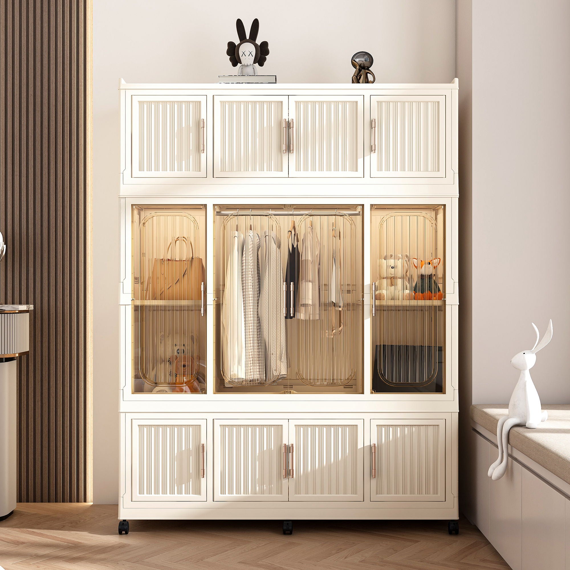 Portable Wardrobe Closet Storage Organizer With 12 Magnetic Doors, 12 Cubes, Hanging Rod & 6 Hangers - Creamy White
