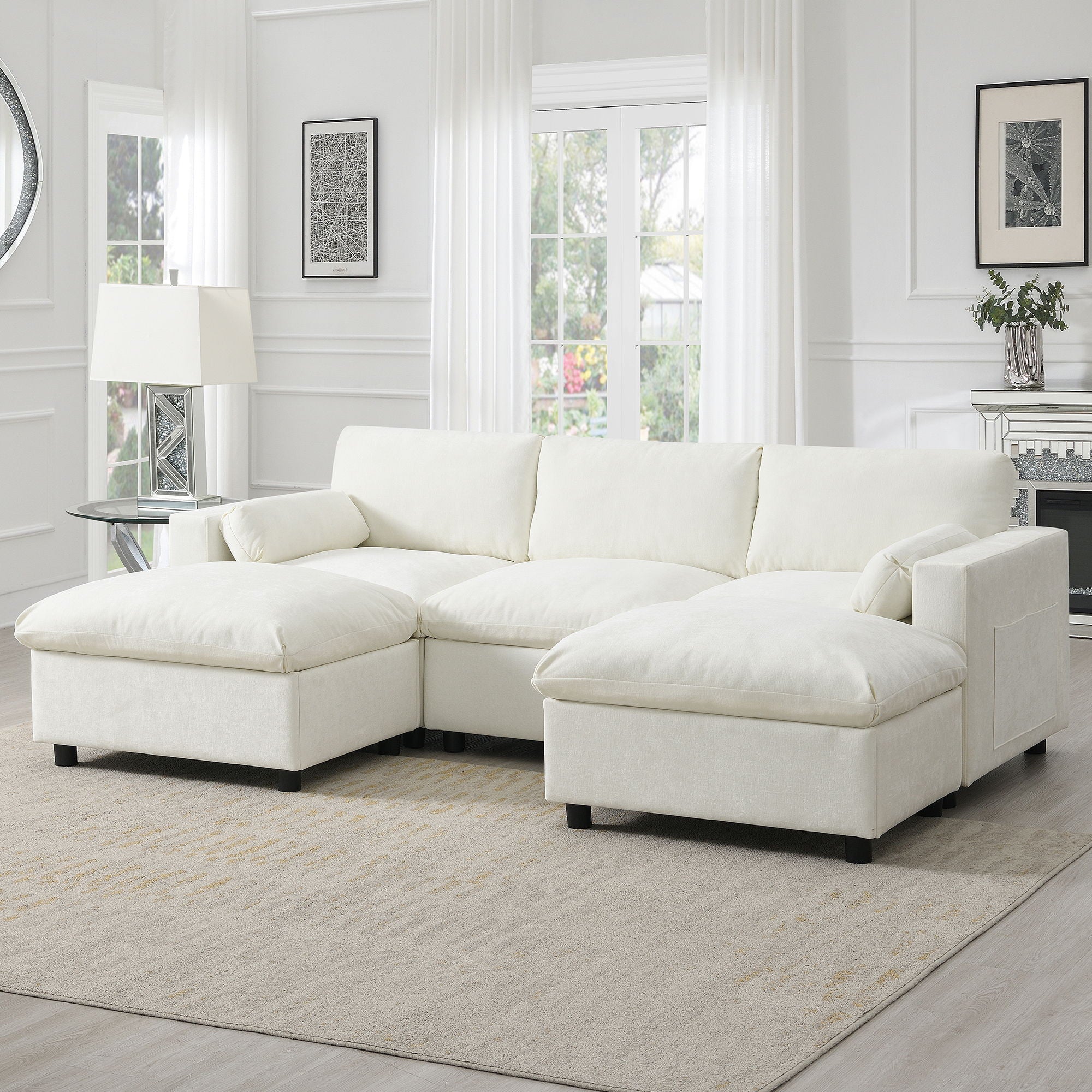 Modular Sectional With Storage Pockets, 5 Seat U Shaped Couch Set With Pillows, Free Combination Modern Cloud Sofa With 2 Movable Ottoman