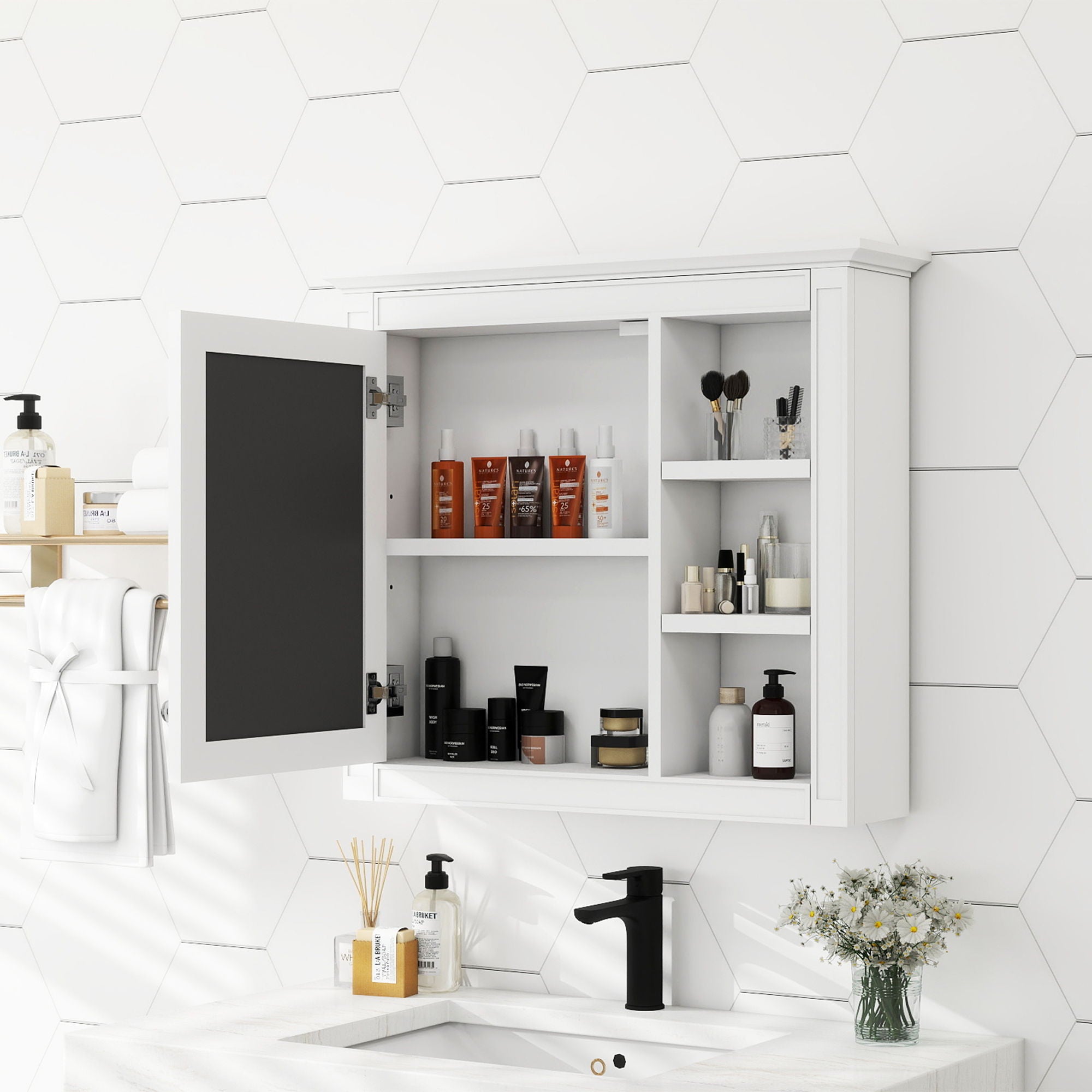 Wall Mounted Medicine Cabinet With Mirror And 3 Open Shelves