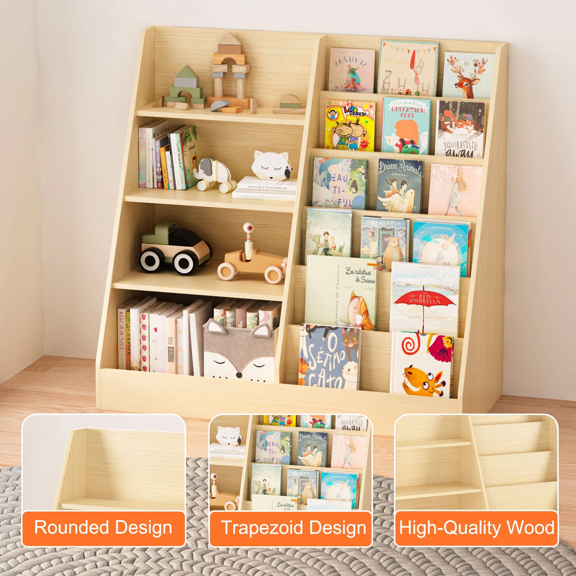 Bookshelf And Toy Storage Organizer, 4 Tier Bookcase With Display Stand For Playroom