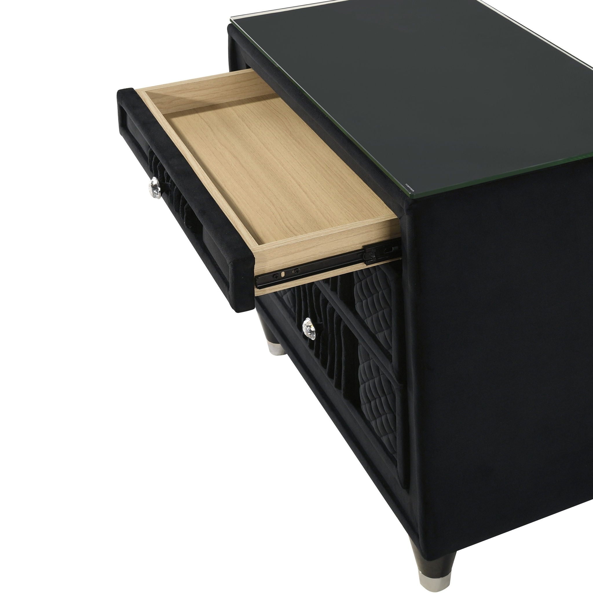 1 Piece Nightstand Upholstery Textured Look Luxurious Feel Drawer Fronts Crystal Style Knobs - Black