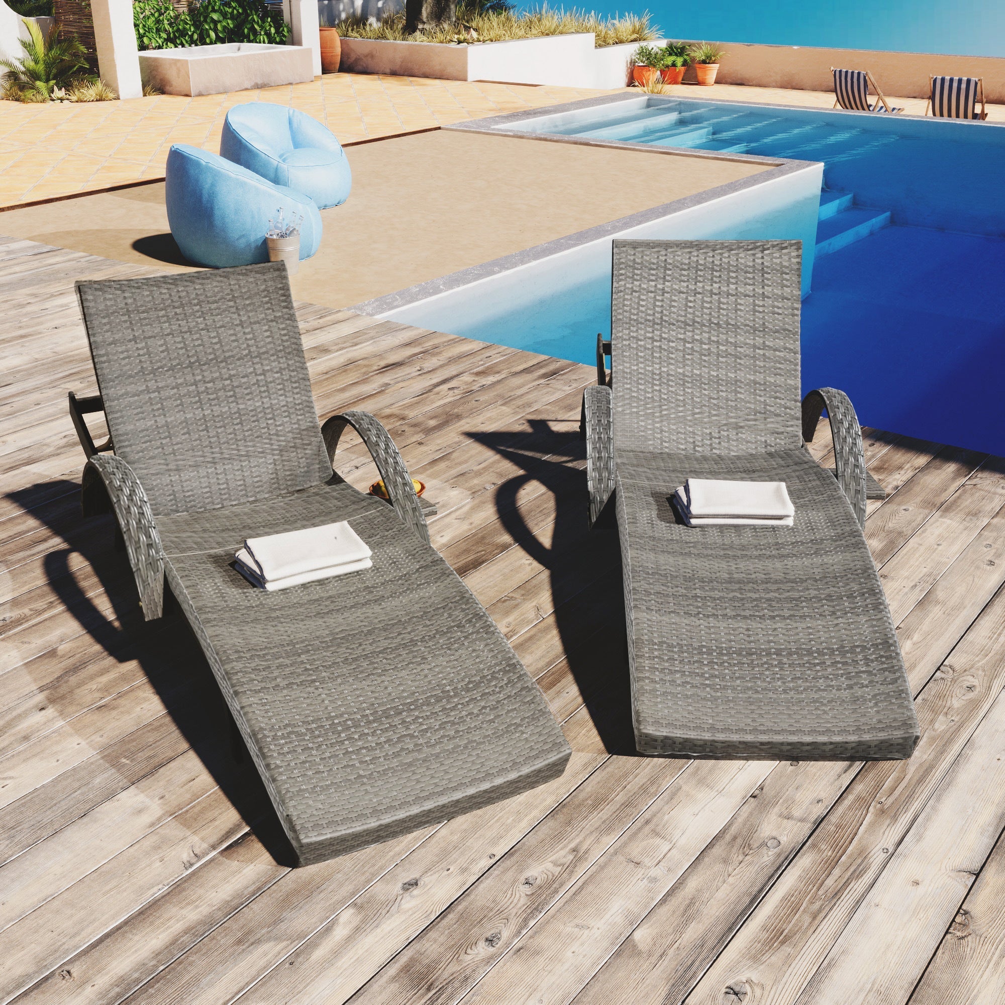 K&K 80" Outdoor Wicker Chaise Lounge Chairs Set of 2