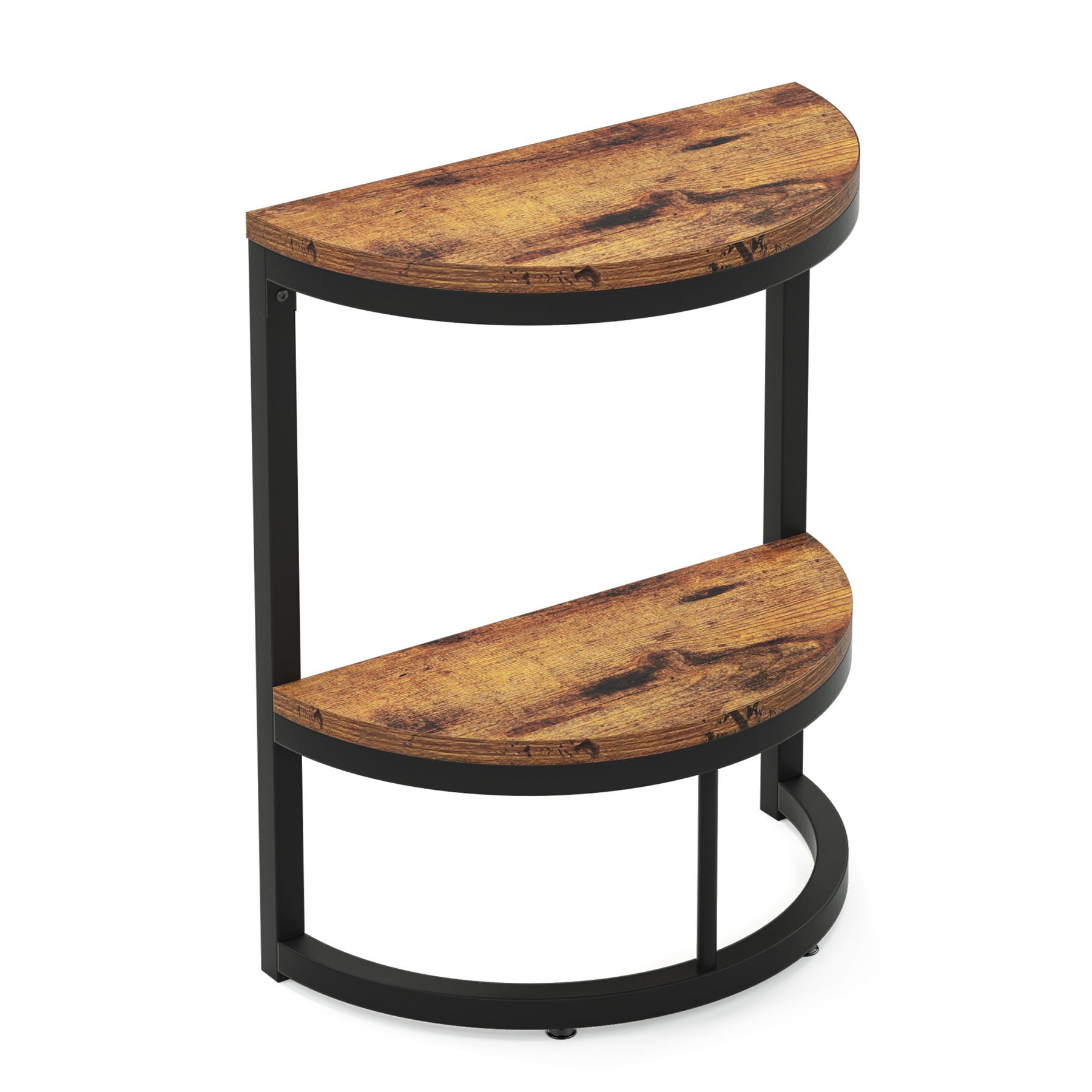 Slim Half Moon 2 Tier Semi Circle End Table, Wide Storage For Living - Rustic Brown
