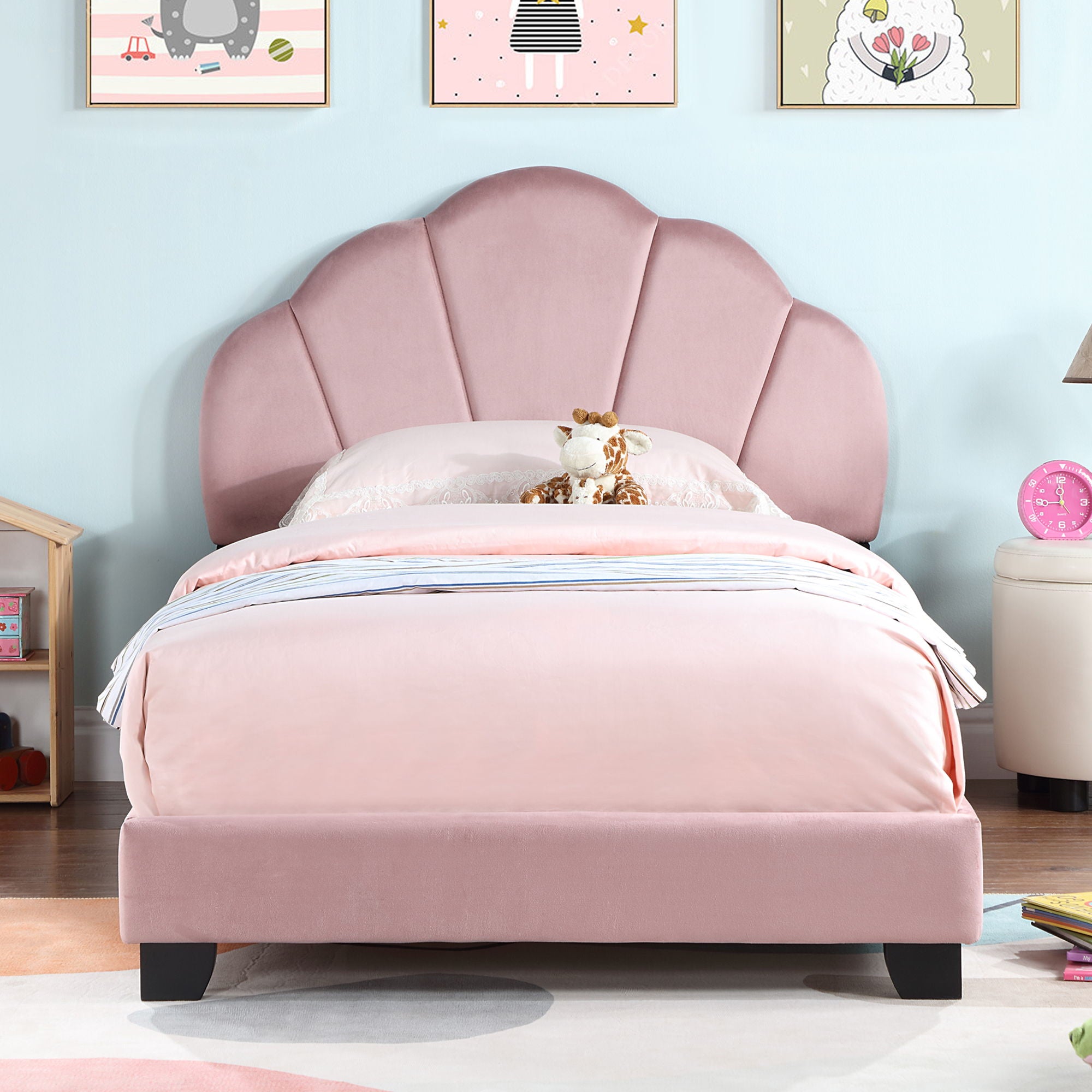 Upholstered Twin Size Platform Bed For Kids Wooden Bed Frame With Slatted Bed Base No Box Spring Needed Cute Bed Frame With Shell Design Headboard - Pink