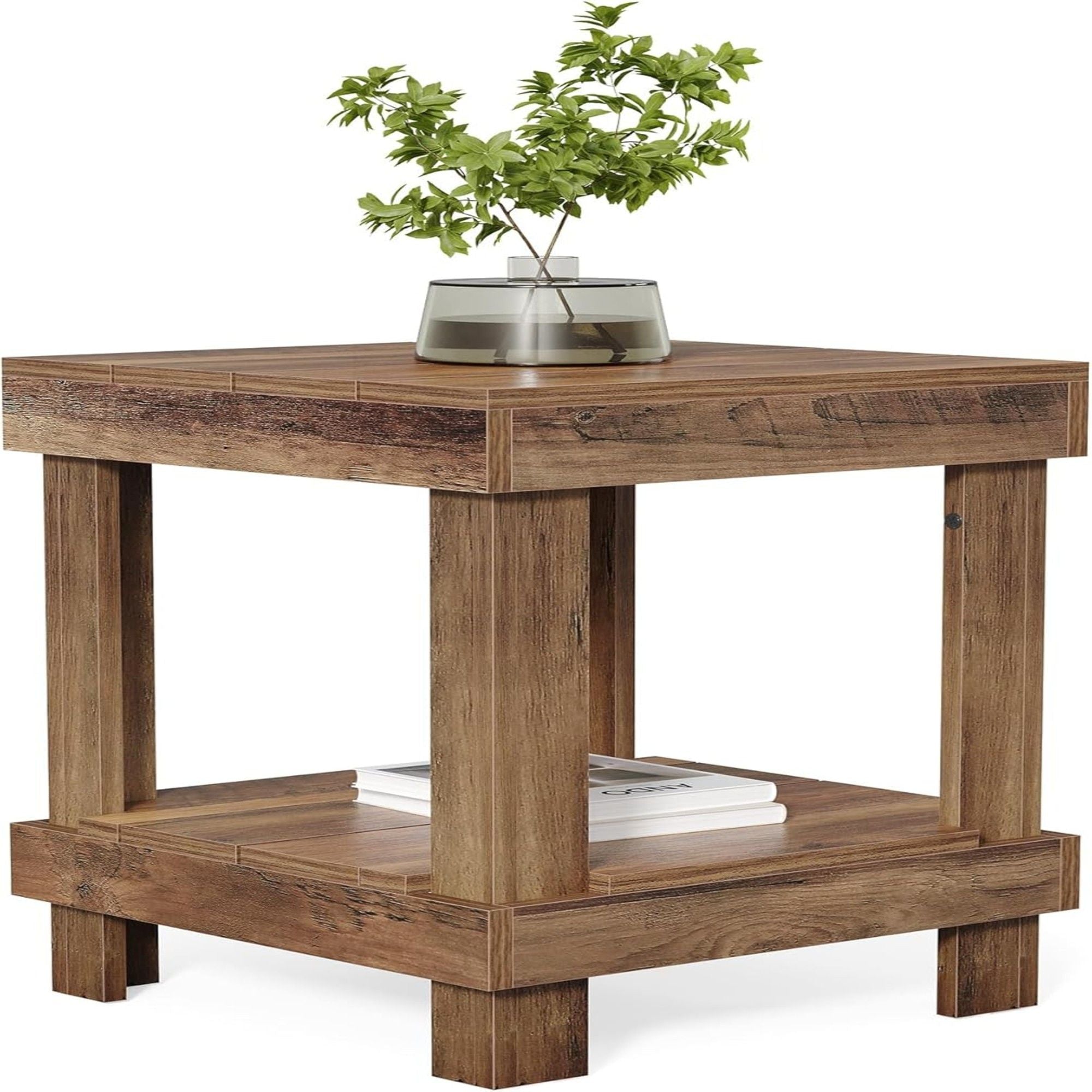 2 Tier End Table With Open Shelves, Compact Square Side Table For Living Room - Natural Wood