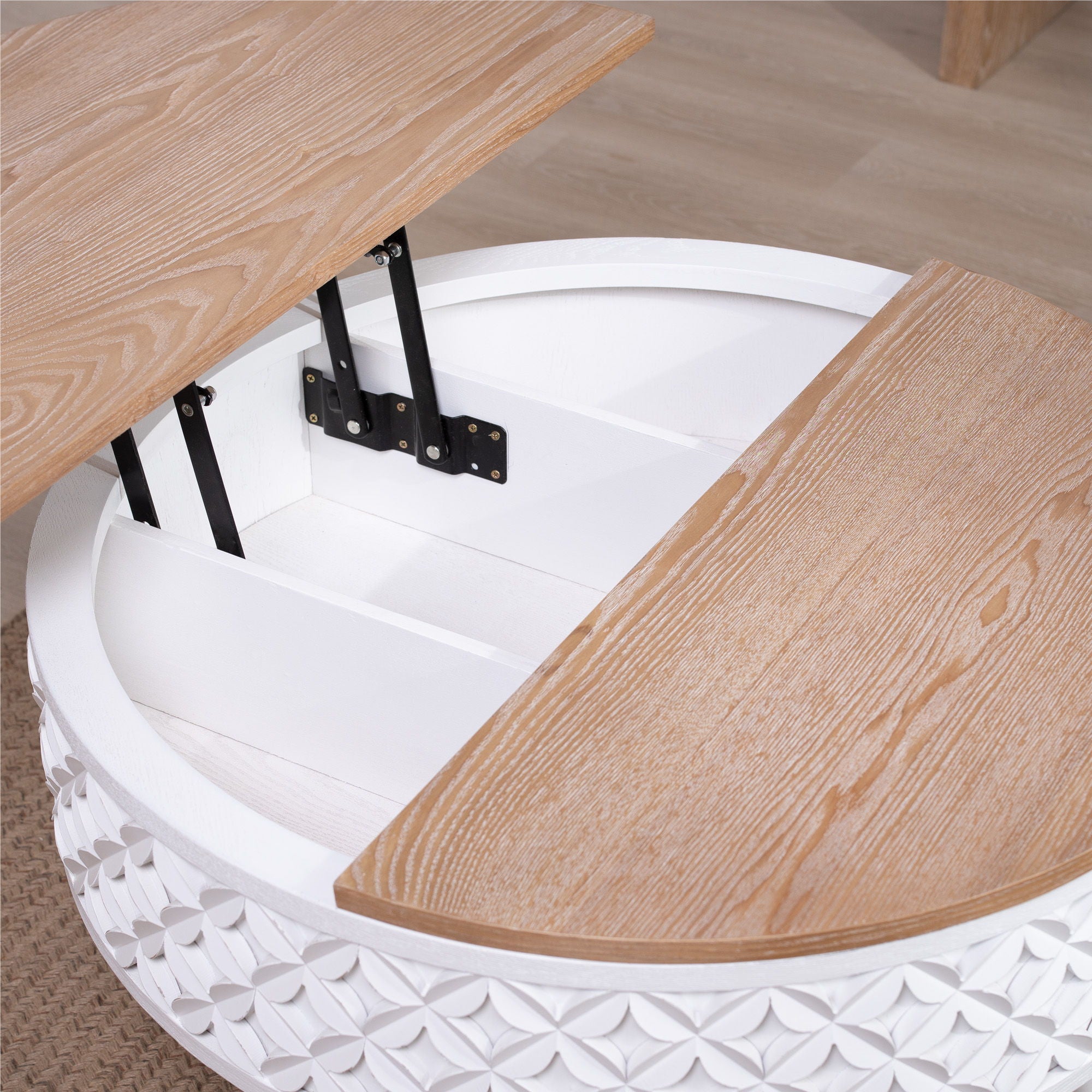 Round Coffee Table With Storage - White / Light Oak