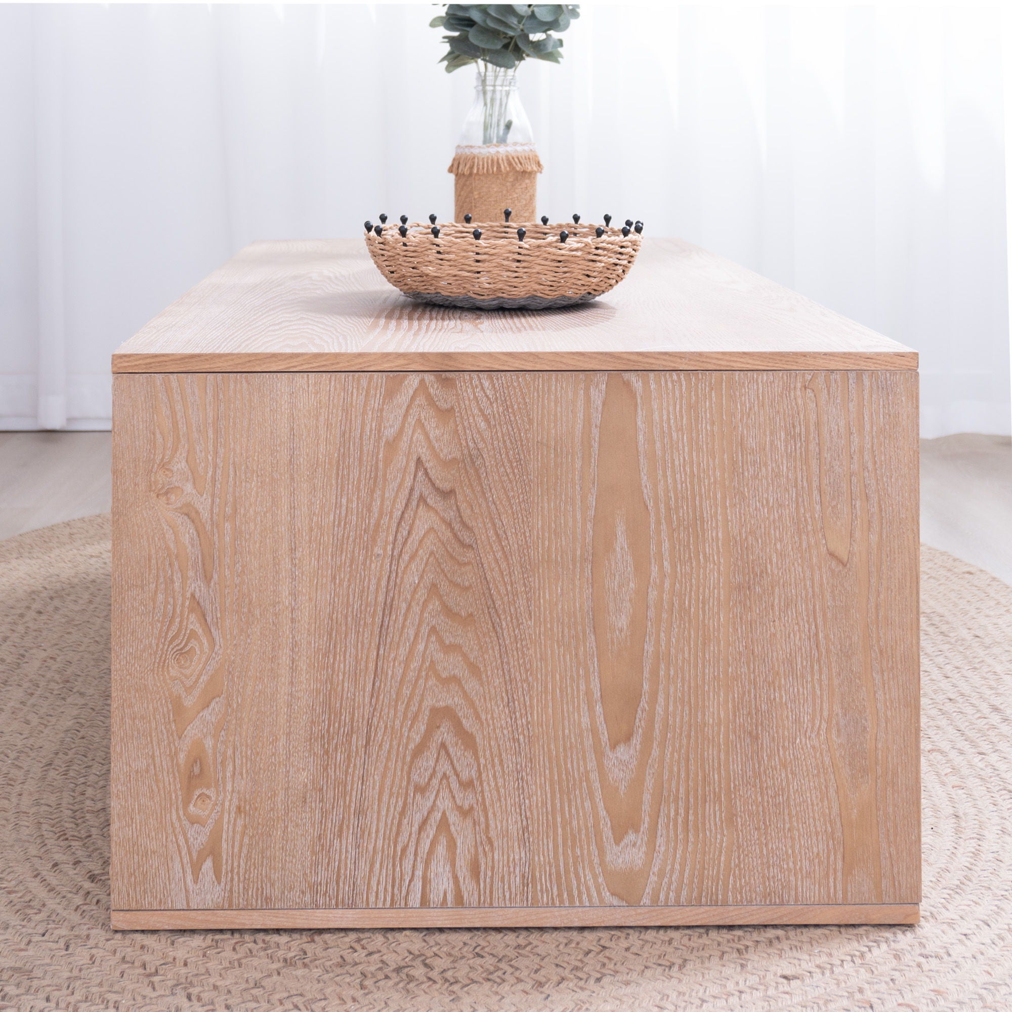 Beaded Edge Coffee Table, Rectangular Center Table With Open Storage Shelf - Antique Natural / Light Natural / Natural