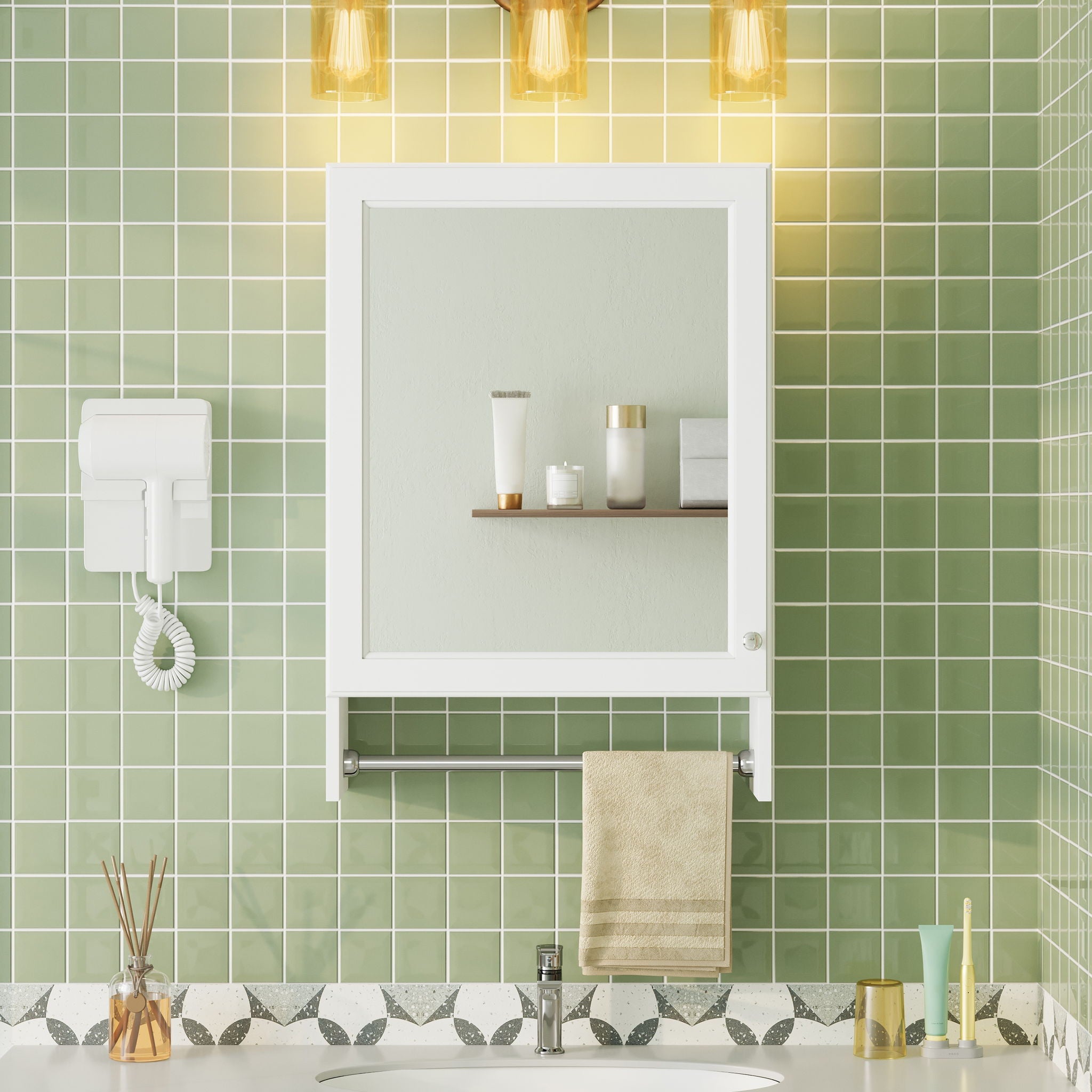 3 In 1 Wall Mounted Bathroom Mirror Cabinet With Adjustable Shelf, Soft Close Door, Mirror & Towel Bar - White