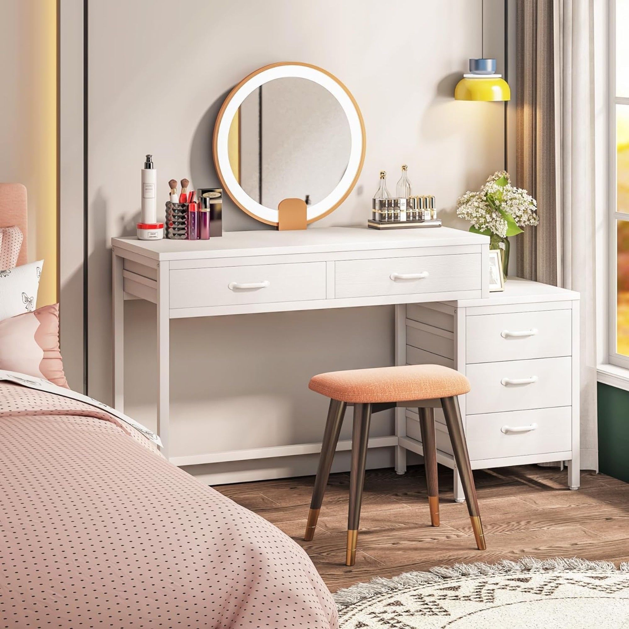 Computer Desk With Reversible 5 Drawer Storage, Frame Writing Table For Small Spaces