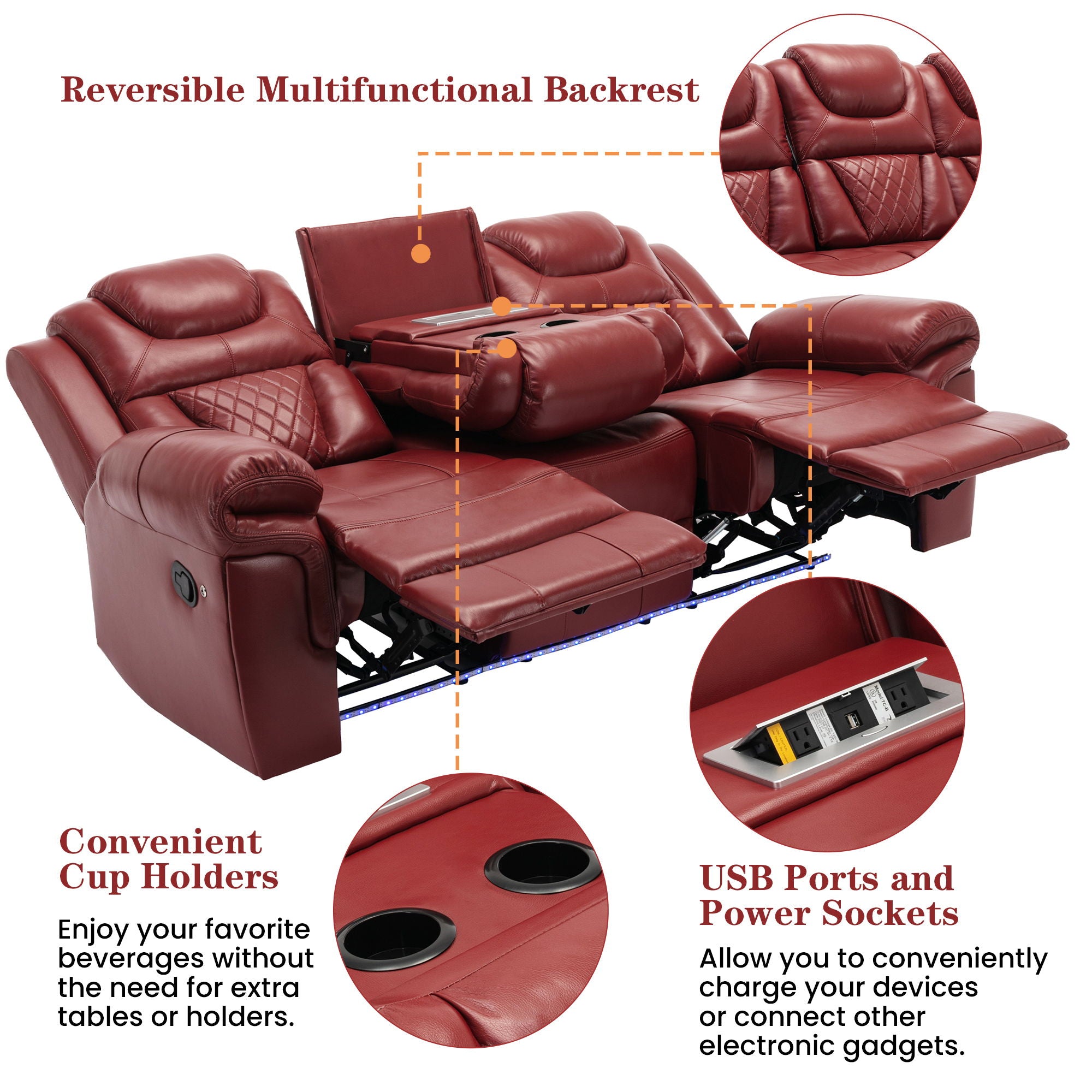 3 Pieces Recliner Sofa Sets Home Theater Seating Manual Recliner Chair With Center Console And LED Light Strip For Living Room