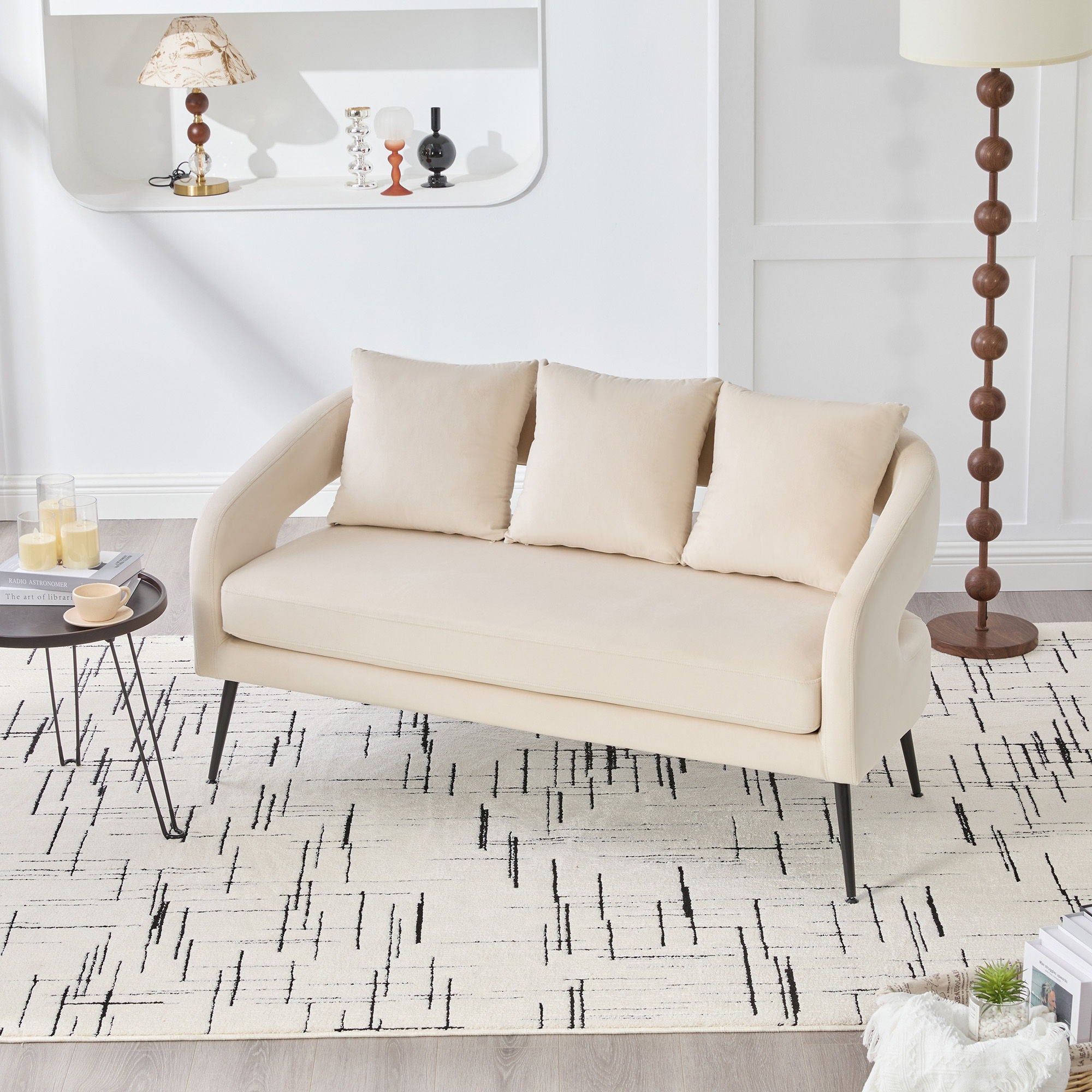 Open Back Loveseat Settee With 3 Pillows - Beige
