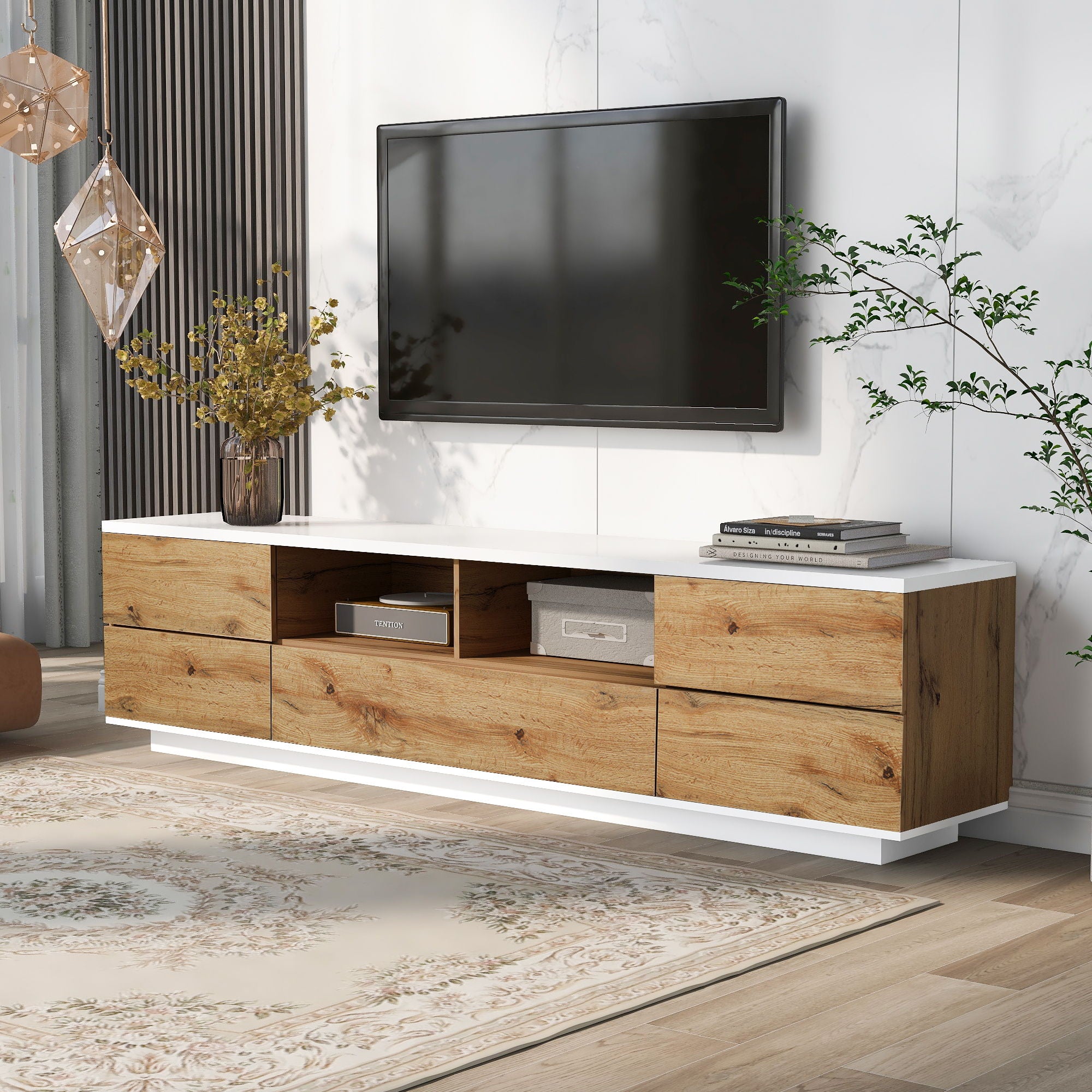 TV Stand, Entertainment Center With Deep Drawers, Cable Management & Soft Closing Hinges